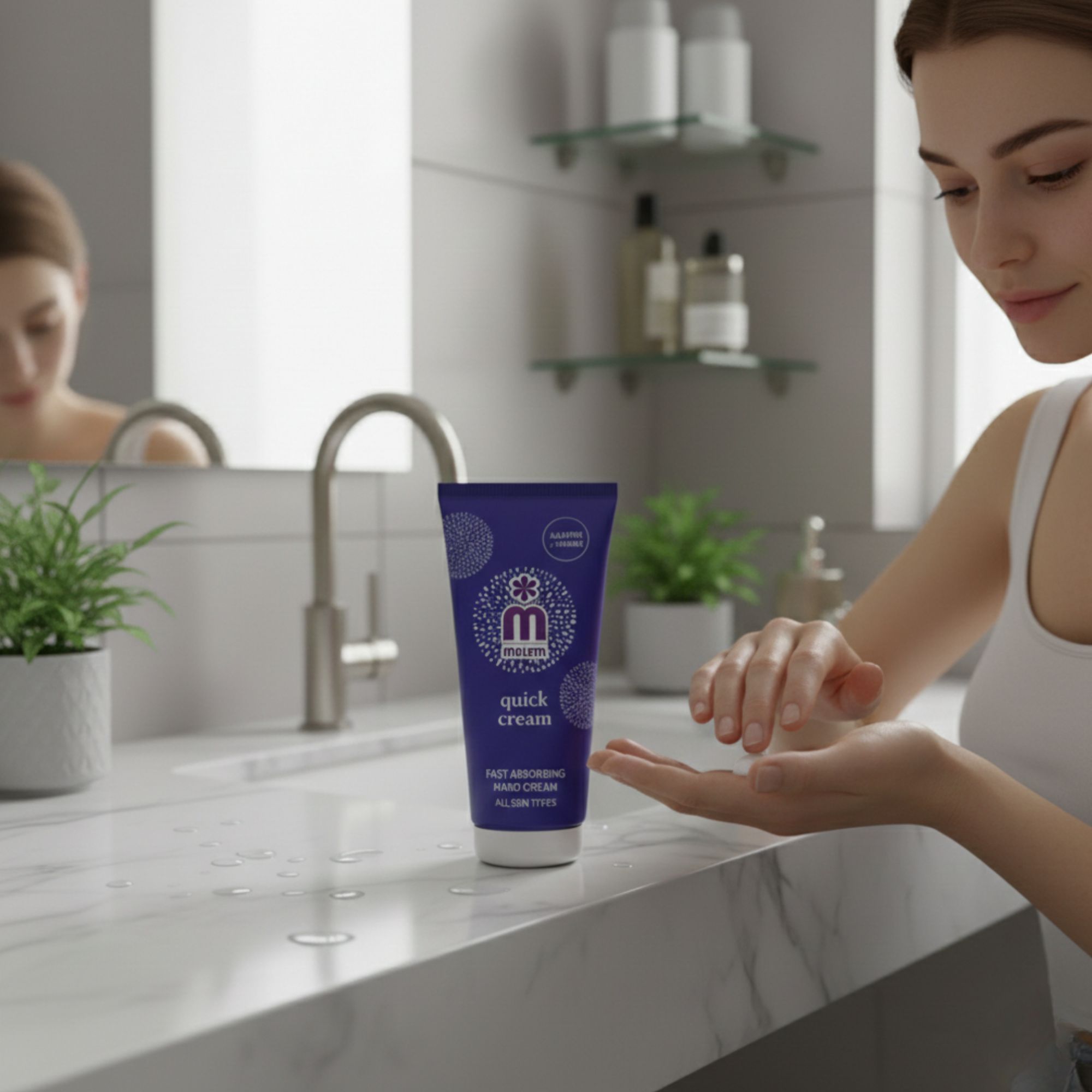 Donna tiene mano. Tubo blu "melem quick cream". Testo: "Fast absorbing hand cream". Contiene Allantoina e Vitamina E. Sfondo bagno.