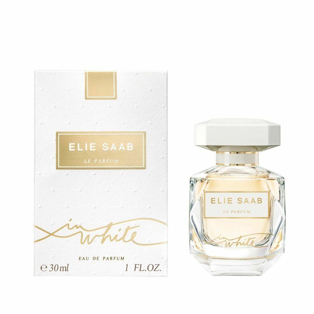 Elie Saab Le Parfum in White Eau de Parfum Spray. Scatola e flacone bianchi. Scritta dorata. 30ml/1 fl.oz.