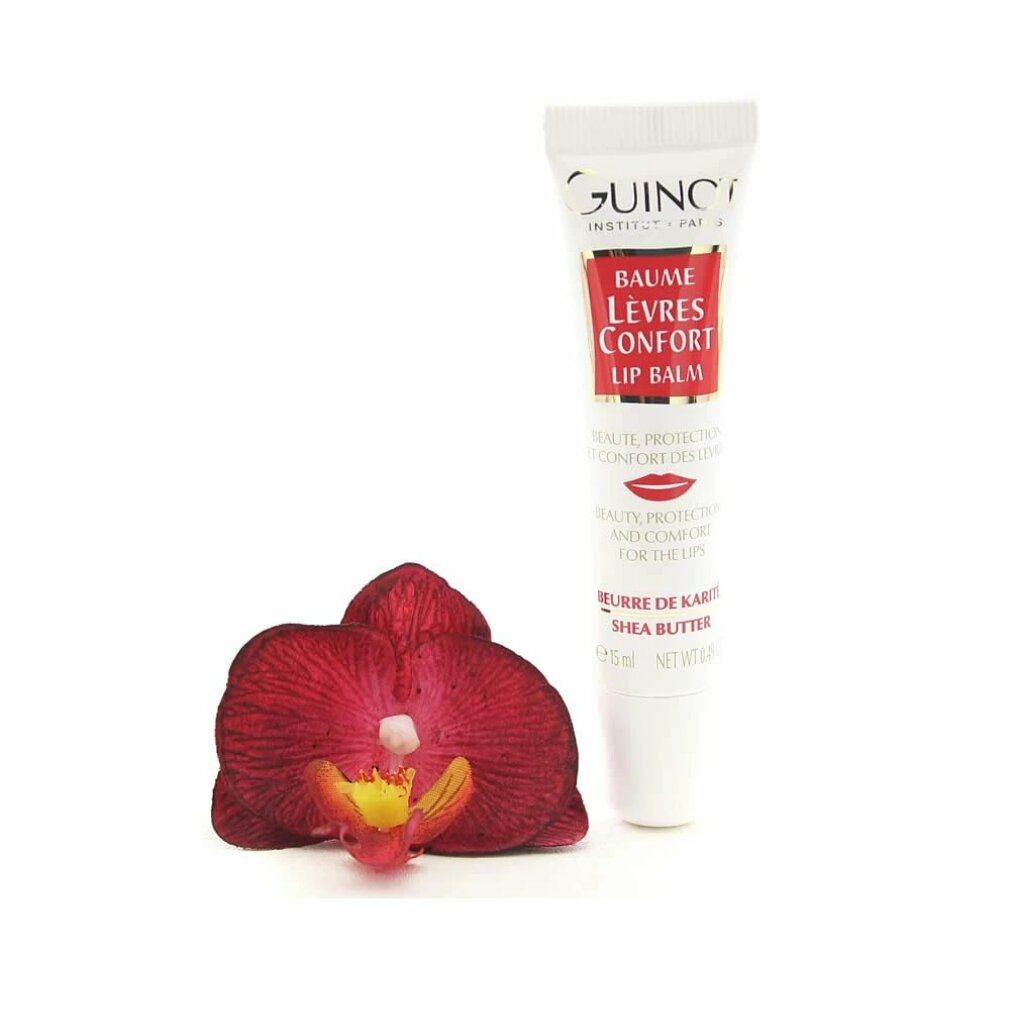 Guinot Baume Lèvres Confort Lip Balm. Tubetto bianco con etichetta rossa. Testo: Baume Lèvres Confort, Burro di Karité. 15ml. Orchidea rossa.