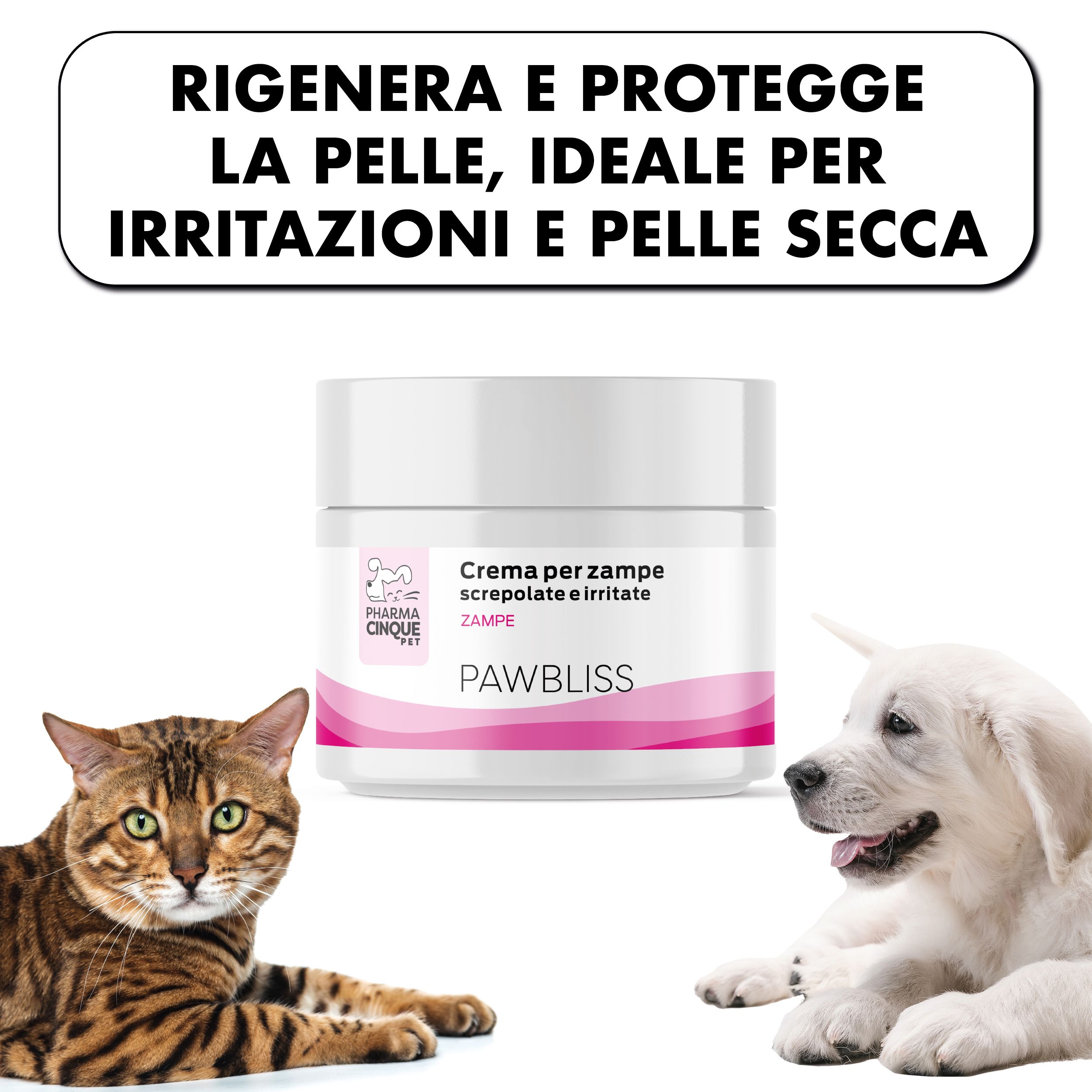 Crema per zampe screpolate e irritate. Barattolo con testo PAWBLISS. Gatto e cane.