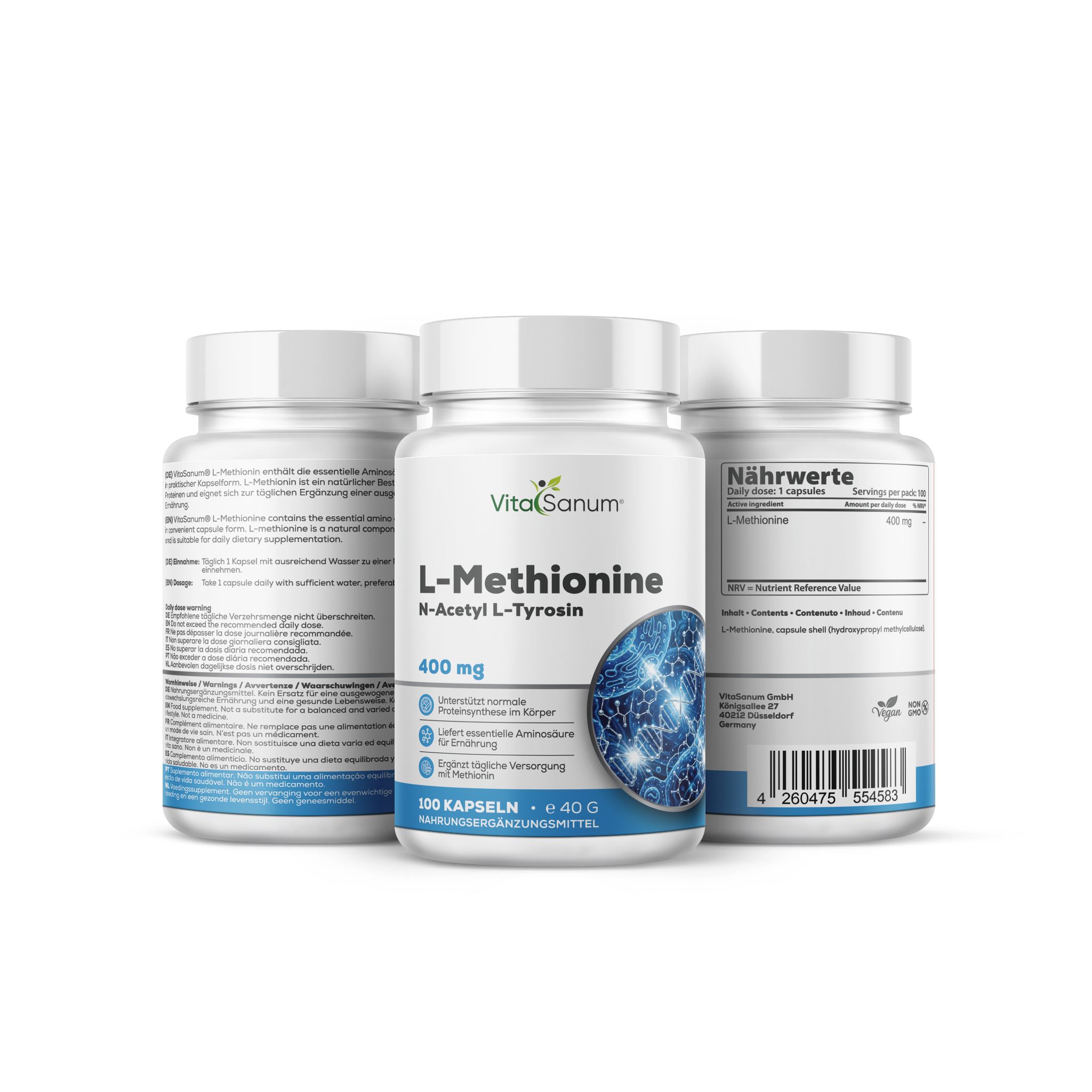 Capsule VitaSanum L-Metionina 400 mg: Tre contenitori bianchi con etichette blu che mostrano L-Metionina e N-Acetil L-Tirosina.