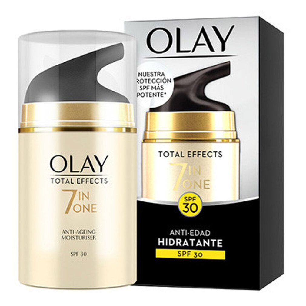 Olay Total Effects 7 in One crema idratante anti-età. Dispenser con coperchio nero e anello dorato. Confezione con immagine del prodotto.