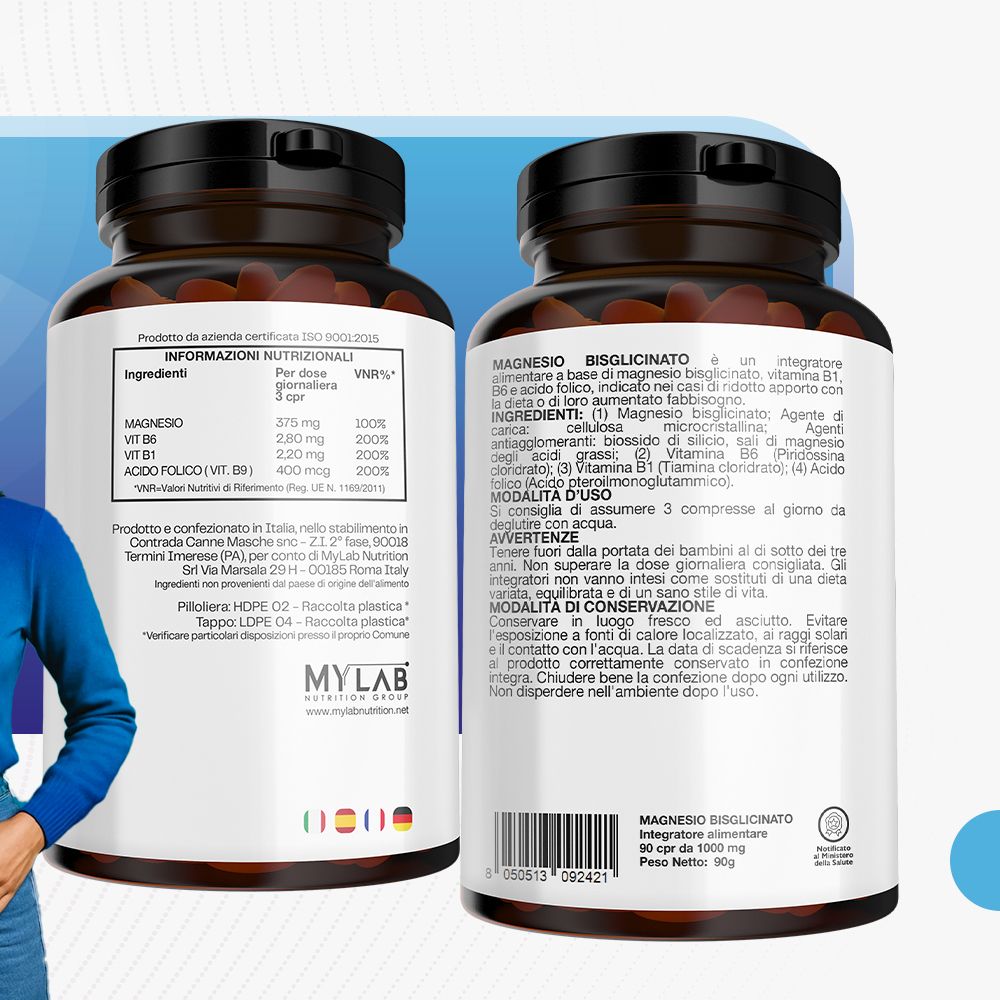Due flaconi di Magnesio Bisglicinato. Retro con ingredienti e istruzioni per l'uso. Testo: 90 compresse.