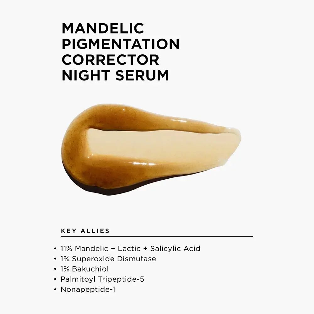 Campione di siero. Testo: Mandelic Pigmentation Corrector Night Serum. Ingredienti: 11% acido mandelico, lattico, salicilico, ecc.