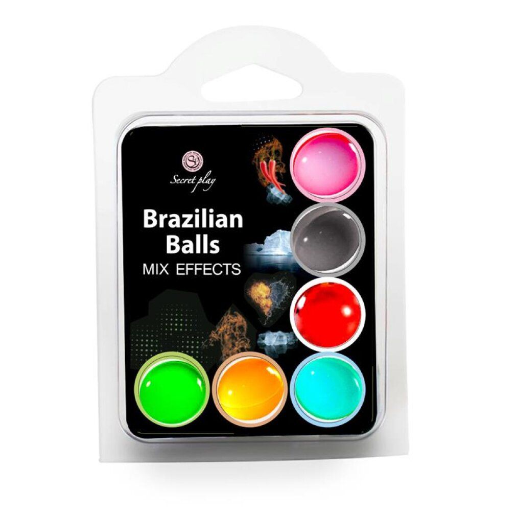 Confezione con sei sfere colorate nei colori rosa, grigio, rosso, verde, arancione e turchese.