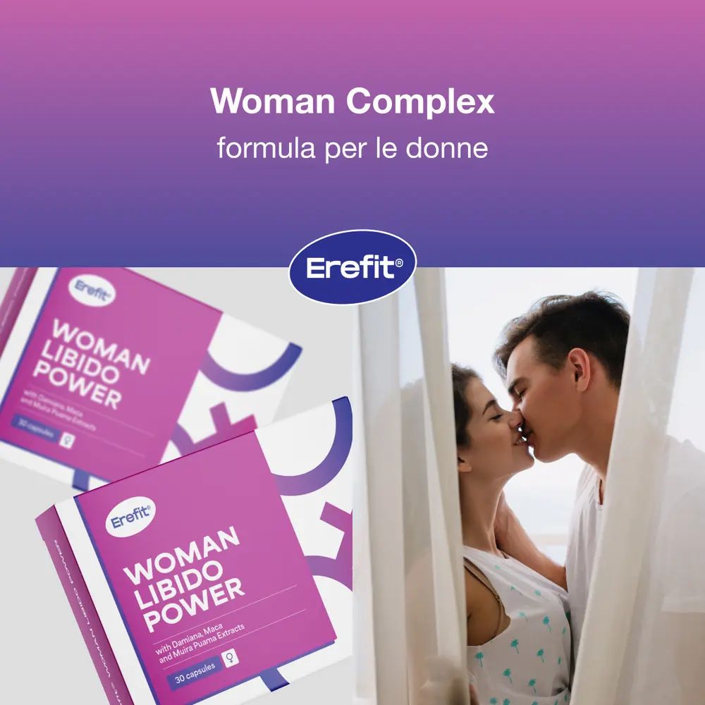 Due confezioni "Woman Libido Power" accanto a una coppia che si bacia. Testo: Formula per donne.