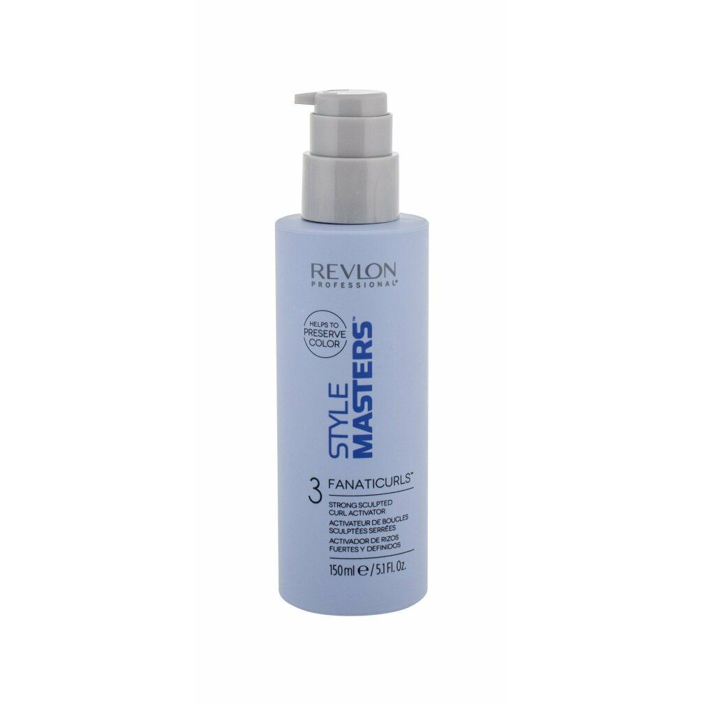 Flacone azzurro con dosatore. Scritta: Revlon Style Masters Fanaticurls. 150ml. Per capelli colorati.