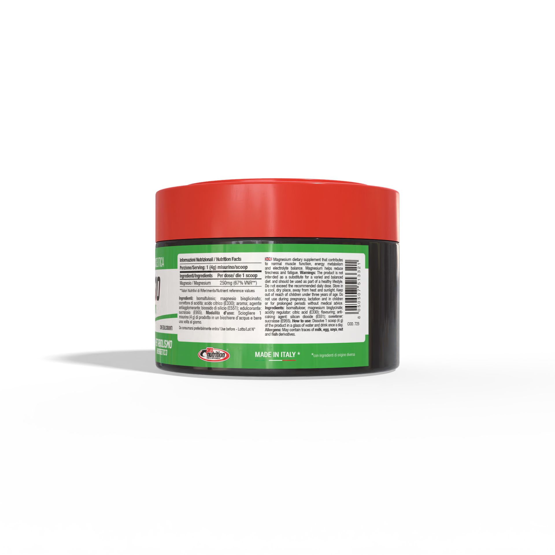 Retro del barattolo Pronutrition Magnesio Bisglicinato con informazioni nutrizionali.