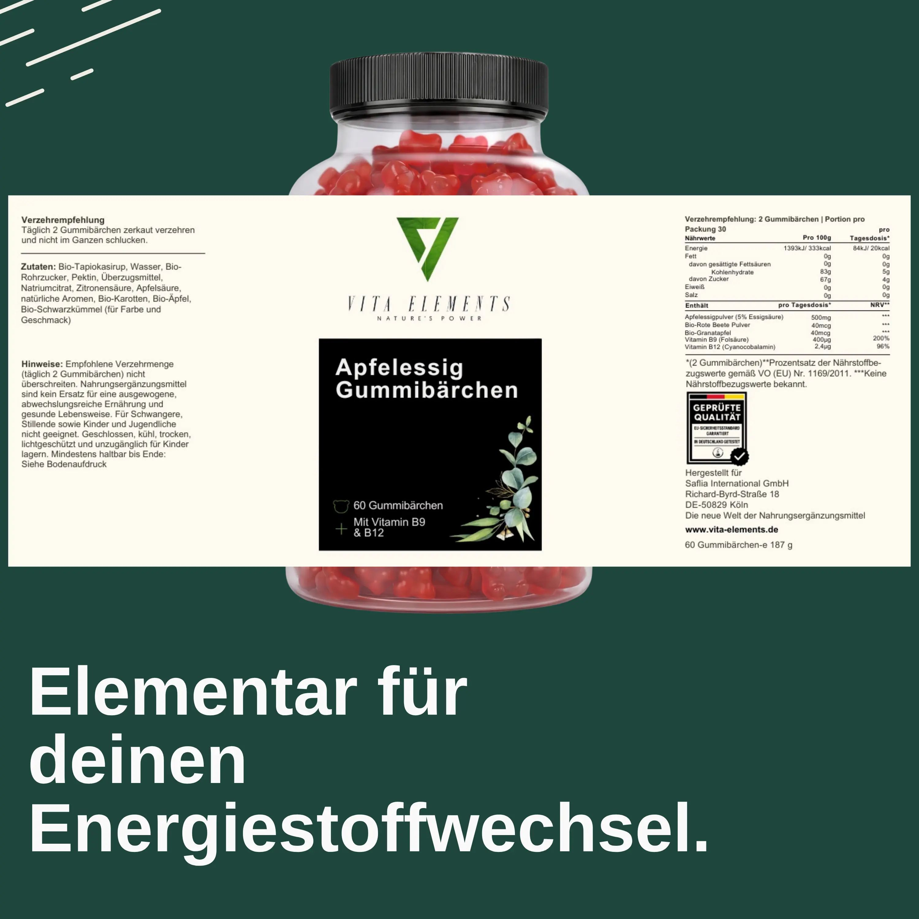 Primo piano dell'etichetta di una bottiglia di caramelle gommose all'aceto di mele con informazioni nutrizionali e sigillo.