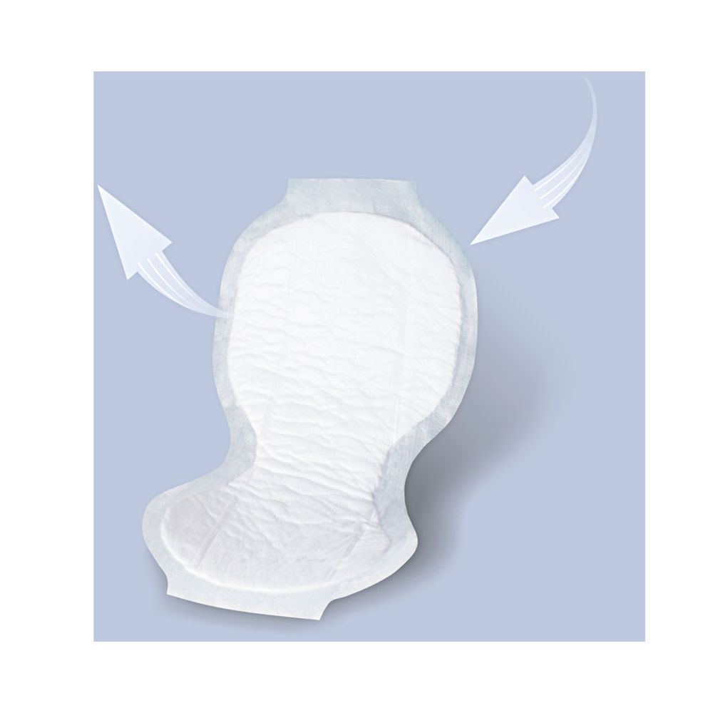 Inserto assorbente bianco, sagomato anatomicamente. Frecce indicano la traspirabilità.