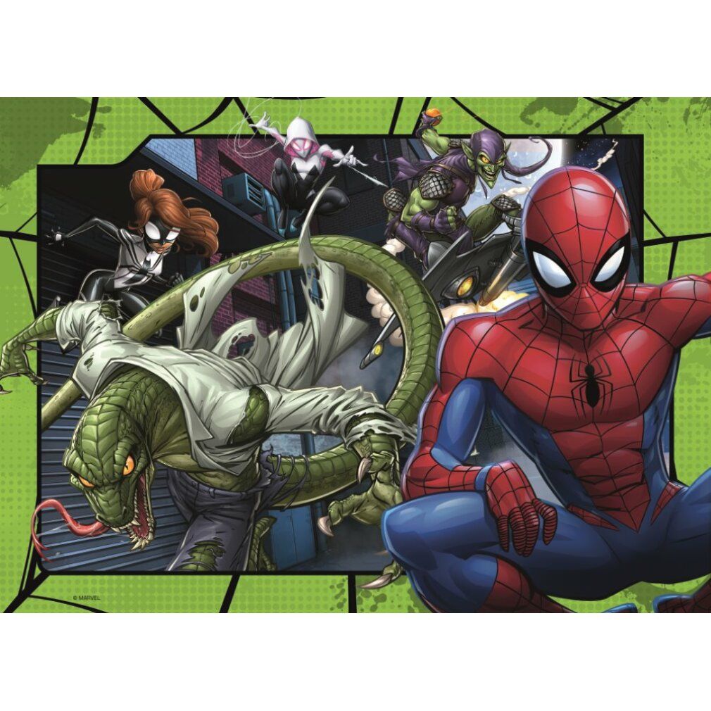 Dettaglio puzzle Spider-Man. Spider-Man in azione. Altri personaggi. Sfondo verde e bianco.
