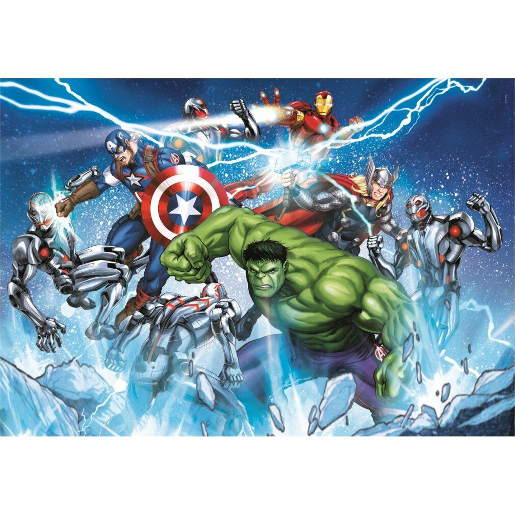 Puzzle con i supereroi Avengers: Capitan America, Hulk, Iron Man, Thor e robot Ultron.