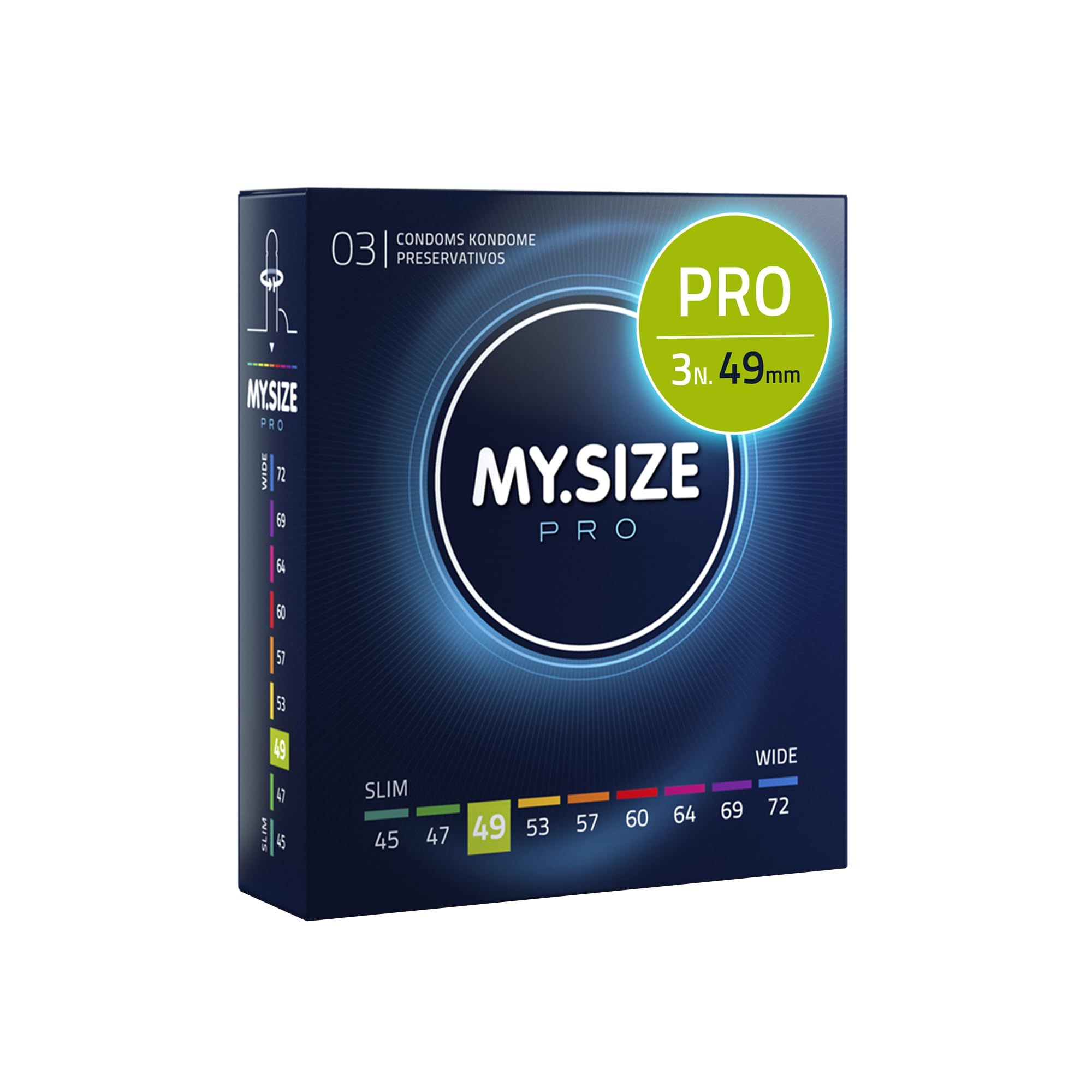 Confezione di preservativi My.Size PRO, larghezza 49mm, con guida alle taglie.