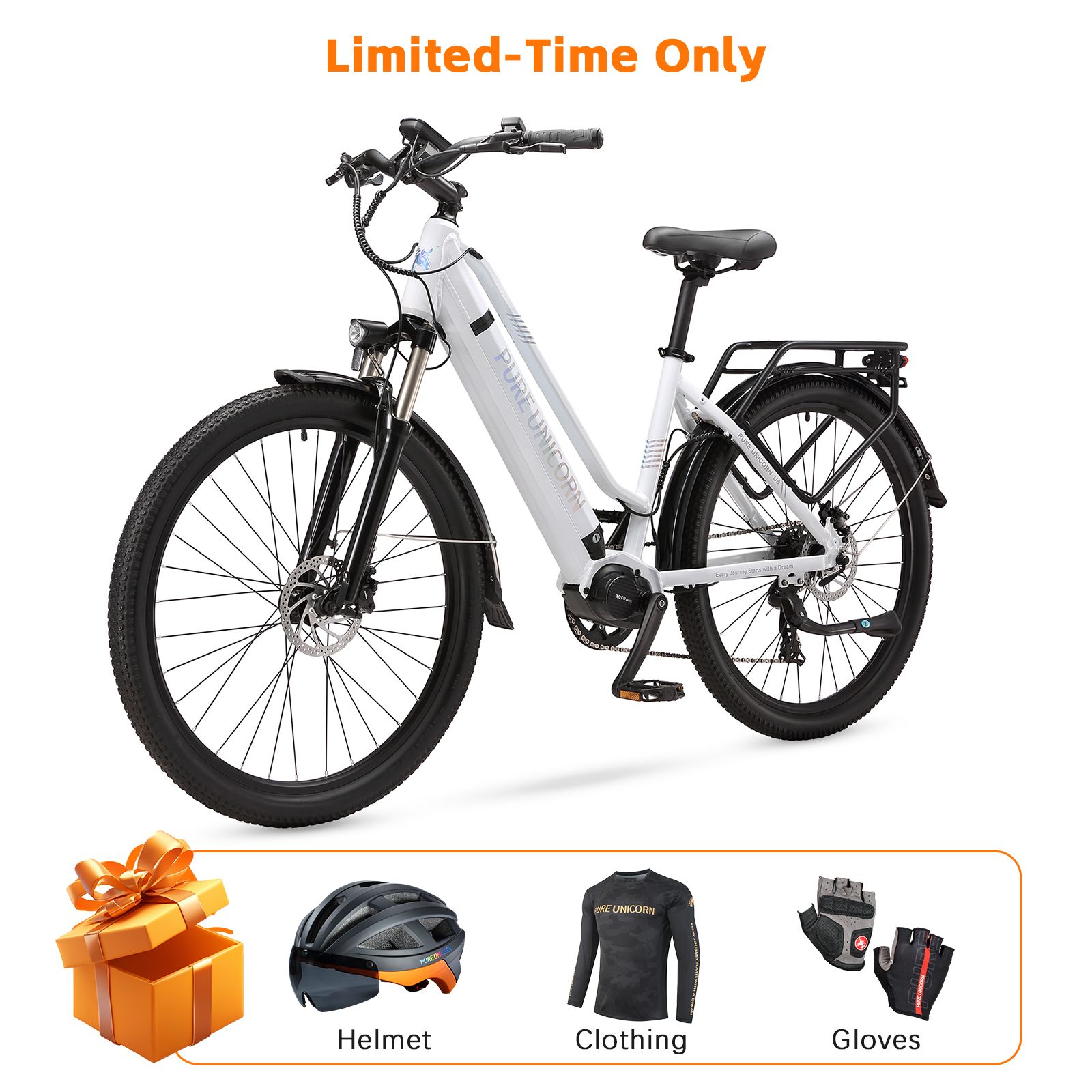 E-bike bianca con pneumatici neri e accessori: casco, abbigliamento, guanti. Scritta: PURE UNICORN.