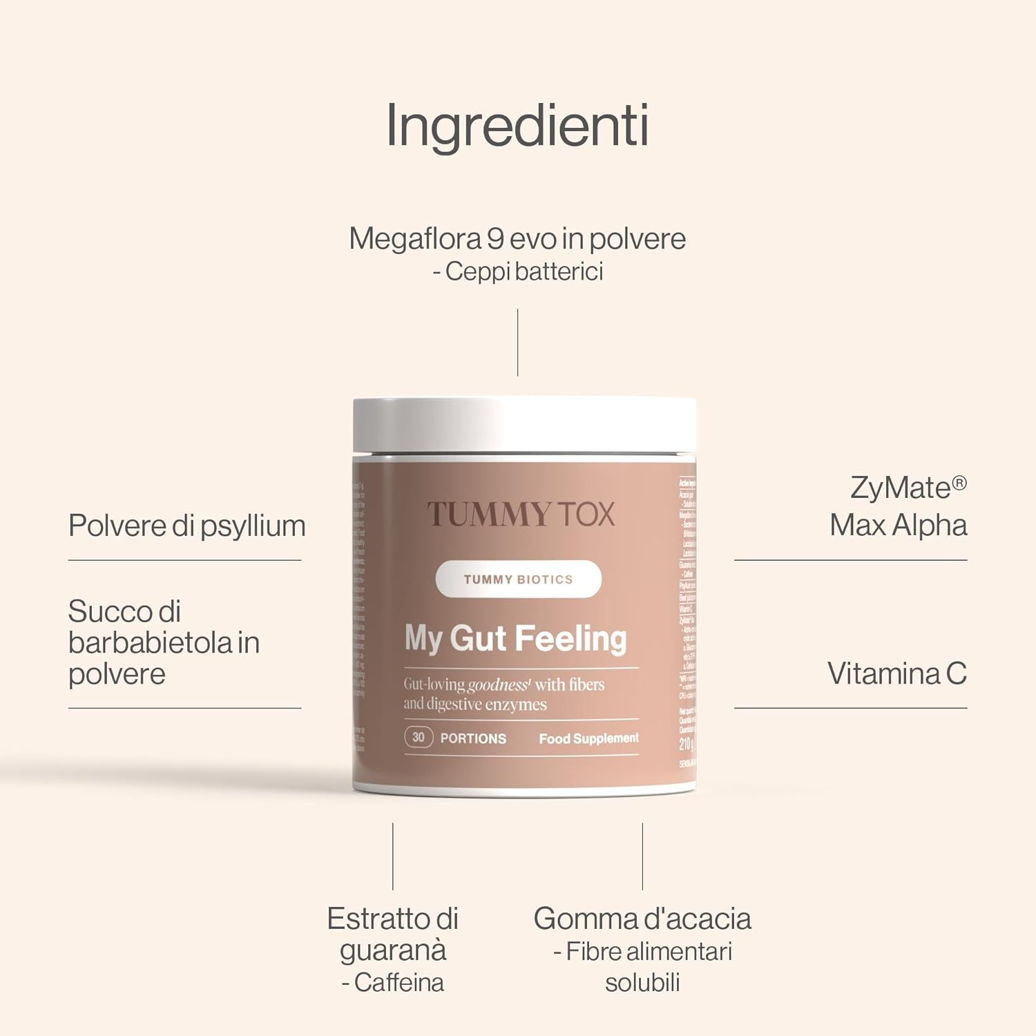 Prodotto "My Gut Feeling" di Tummy Tox. Ingredienti: Megaflora 9 Evo, psillio, barbabietola rossa, guaranà, gomma d'acacia, ZyMate Max Alpha, Vitamina C.