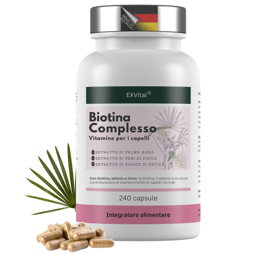Flacone di capsule bianco con coperchio argentato. Scritta: Biotin Komplex, 240 capsule. Ingredienti: Biotina, palma nana, zucca, ortica.
