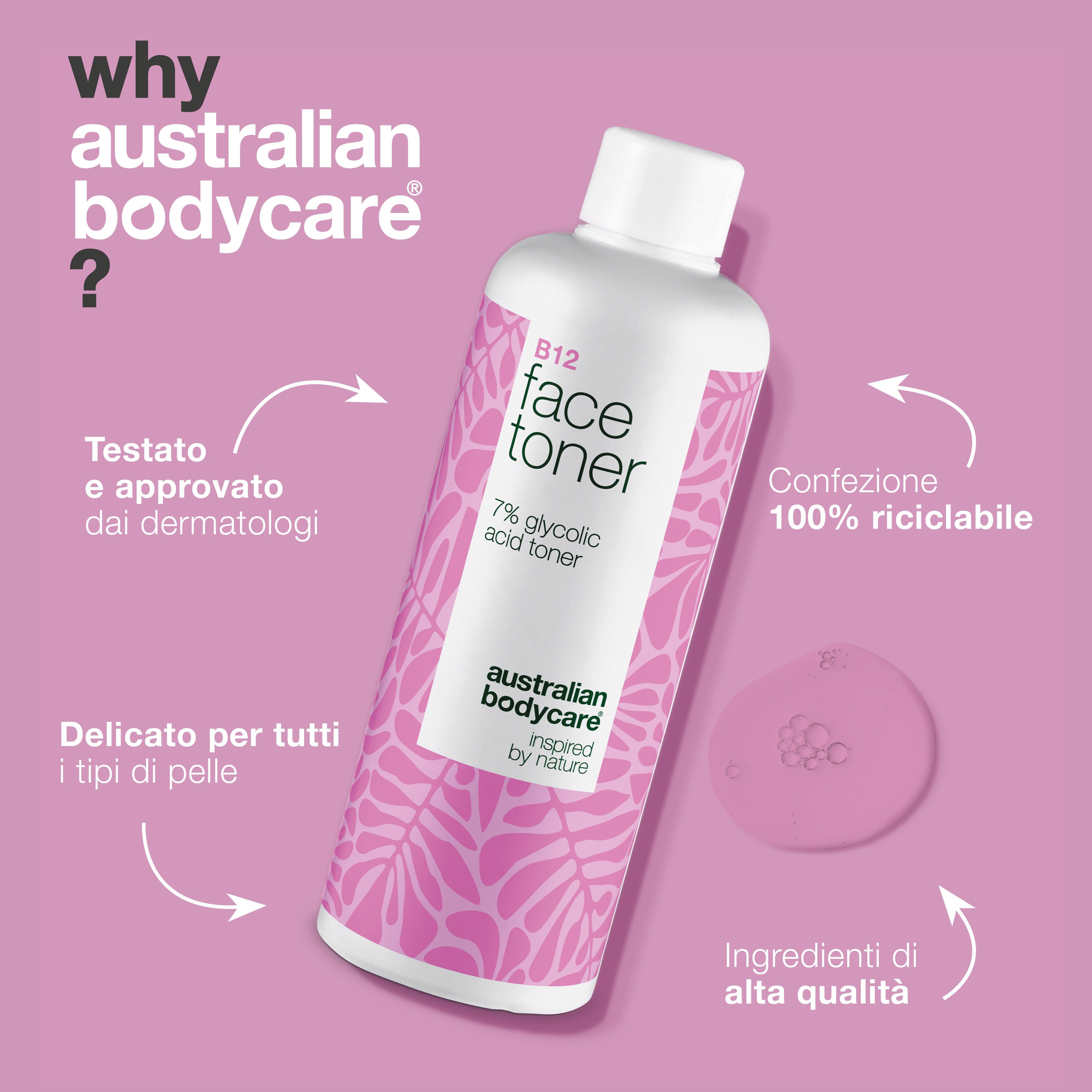 Tonico per il viso con testo. Testo: Perché Australian Bodycare? Testo: Testato dai dermatologi, delicato per tutti i tipi di pelle.