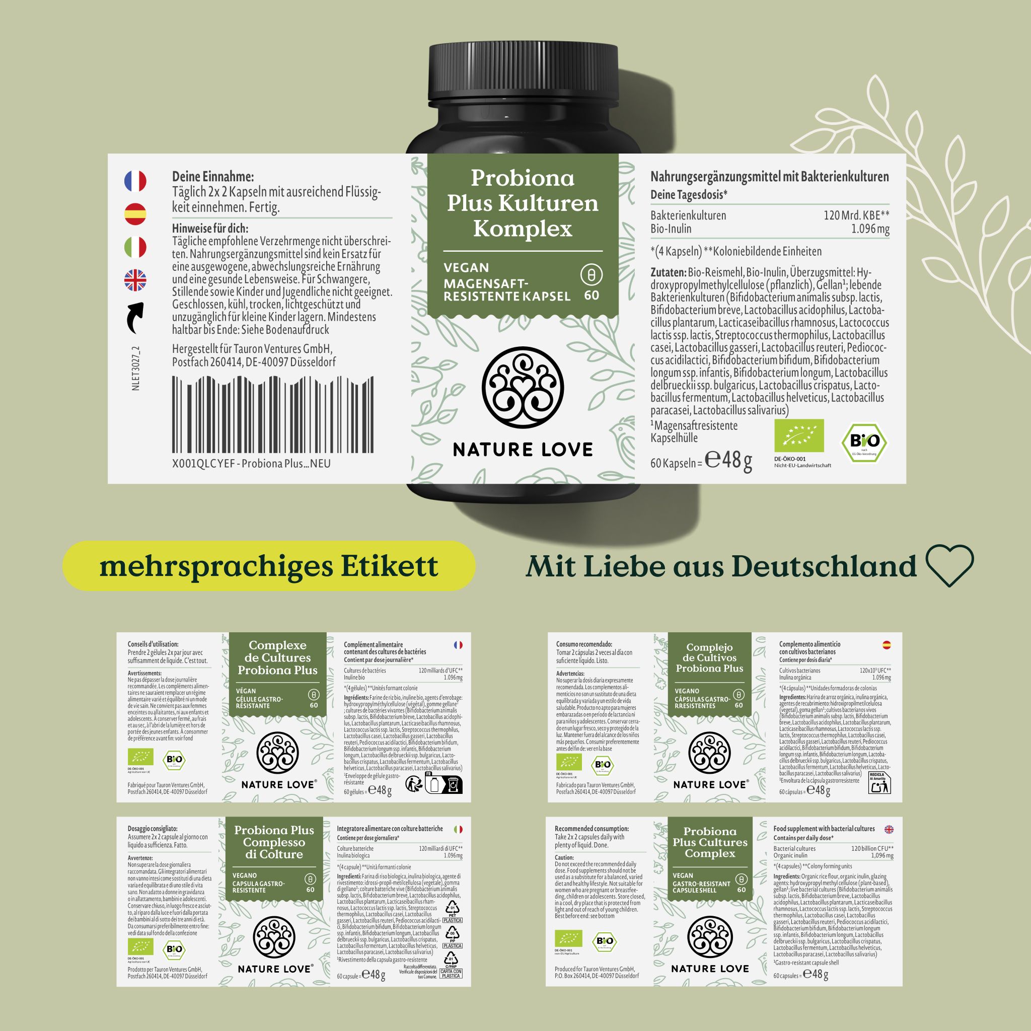 Etichetta del prodotto con testo: Probiona Plus Kulturen Komplex. Etichetta multilingue. Fatto con amore dalla Germania. Marchio: NATURE LOVE®. Certificazione bio.