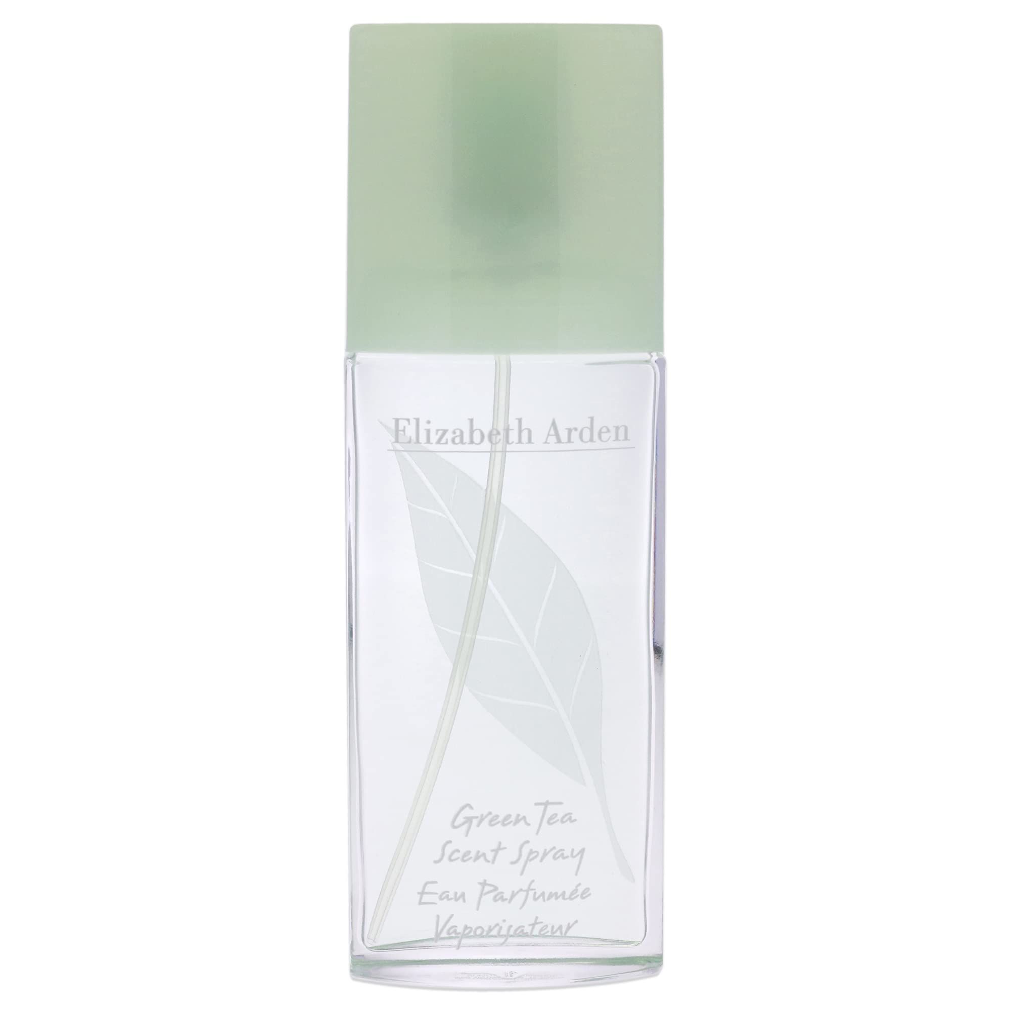 Flacone rettangolare con tappo verde. Scritta: Elizabeth Arden, Green Tea Scent Spray, Eau Parfumée Vaporisateur. Design a foglia.