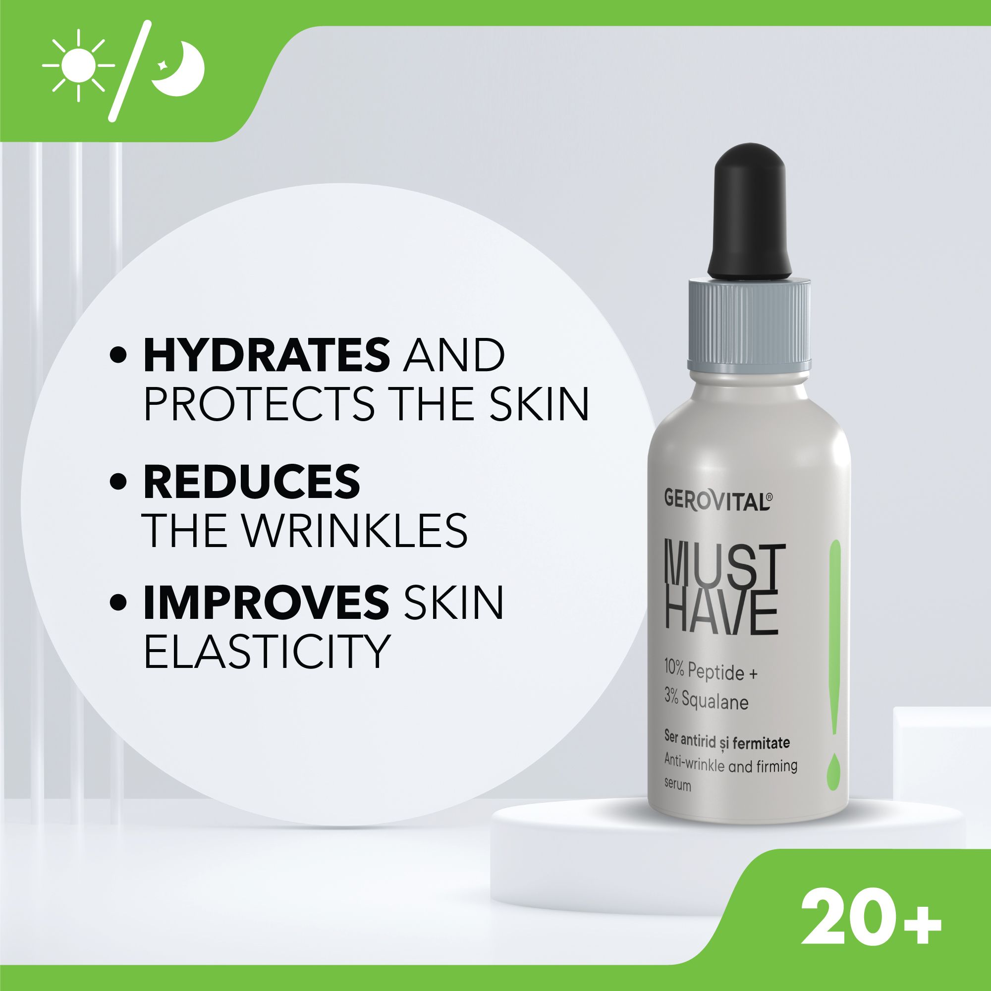 Flacone di siero con testo. Scritta: MUST HAVE, 10% Peptide + 3% Squalan. Siero antirughe. Testo sui benefici.