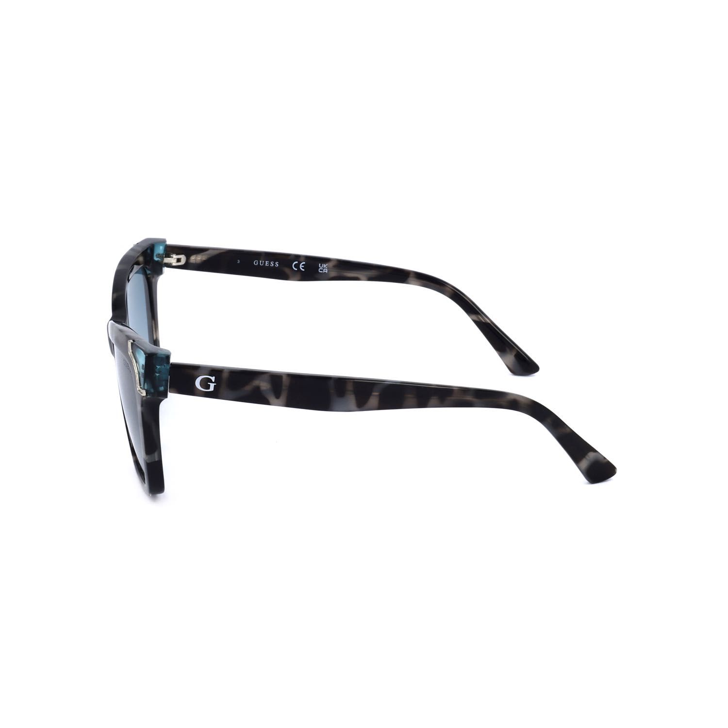 Occhiali da sole Guess con stampa leopardata, vista laterale. Lenti blu, logo G sulla stanghetta.