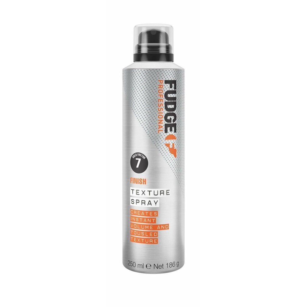 Flacone spray per capelli. Bomboletta argentata con erogatore nero. Testo: Finish Texture Spray, 250 ml.