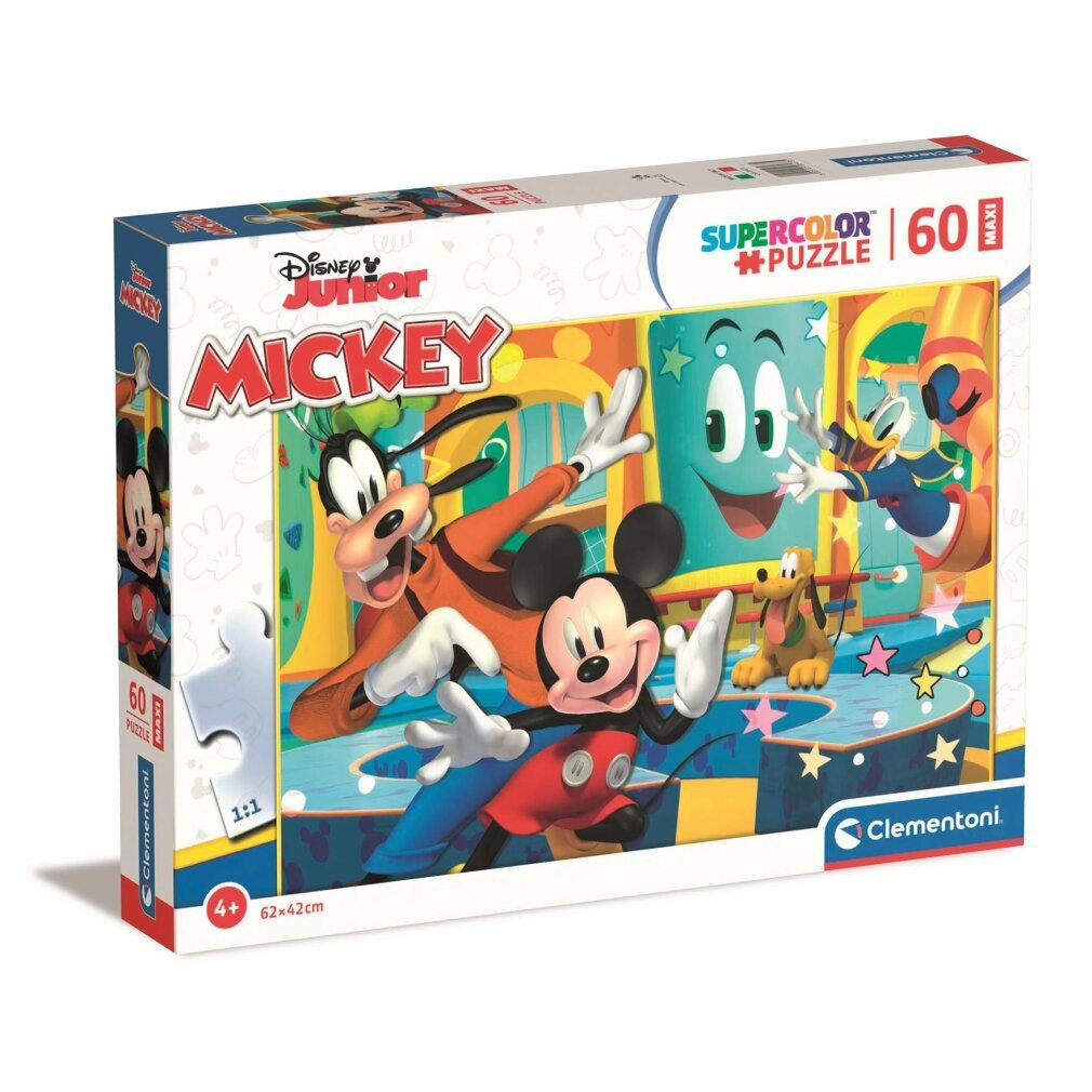 Scatola puzzle con motivo Mickey Mouse. 60 pezzi, formato maxi. Marchio Clementoni. Un pezzo di puzzle rimosso.