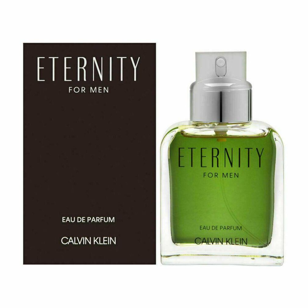 Flacone in vetro e confezione. Scritta: ETERNITY FOR MEN, Eau de Parfum, CALVIN KLEIN. 100 ml.
