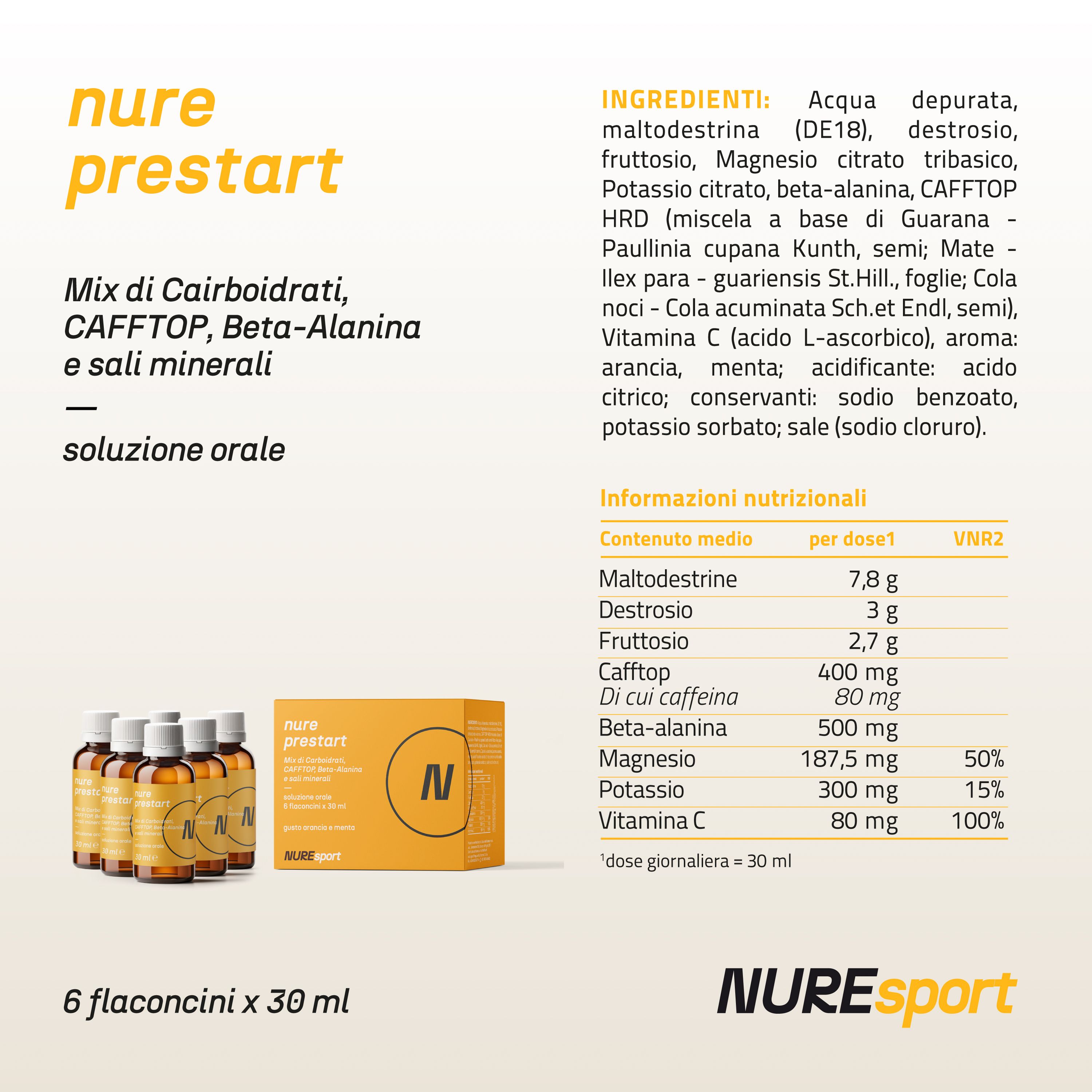 NURE PreStart - 6 Flaconi da 30 ml | pre workout | Ideale per ottimizzare le prestazioni fisiche