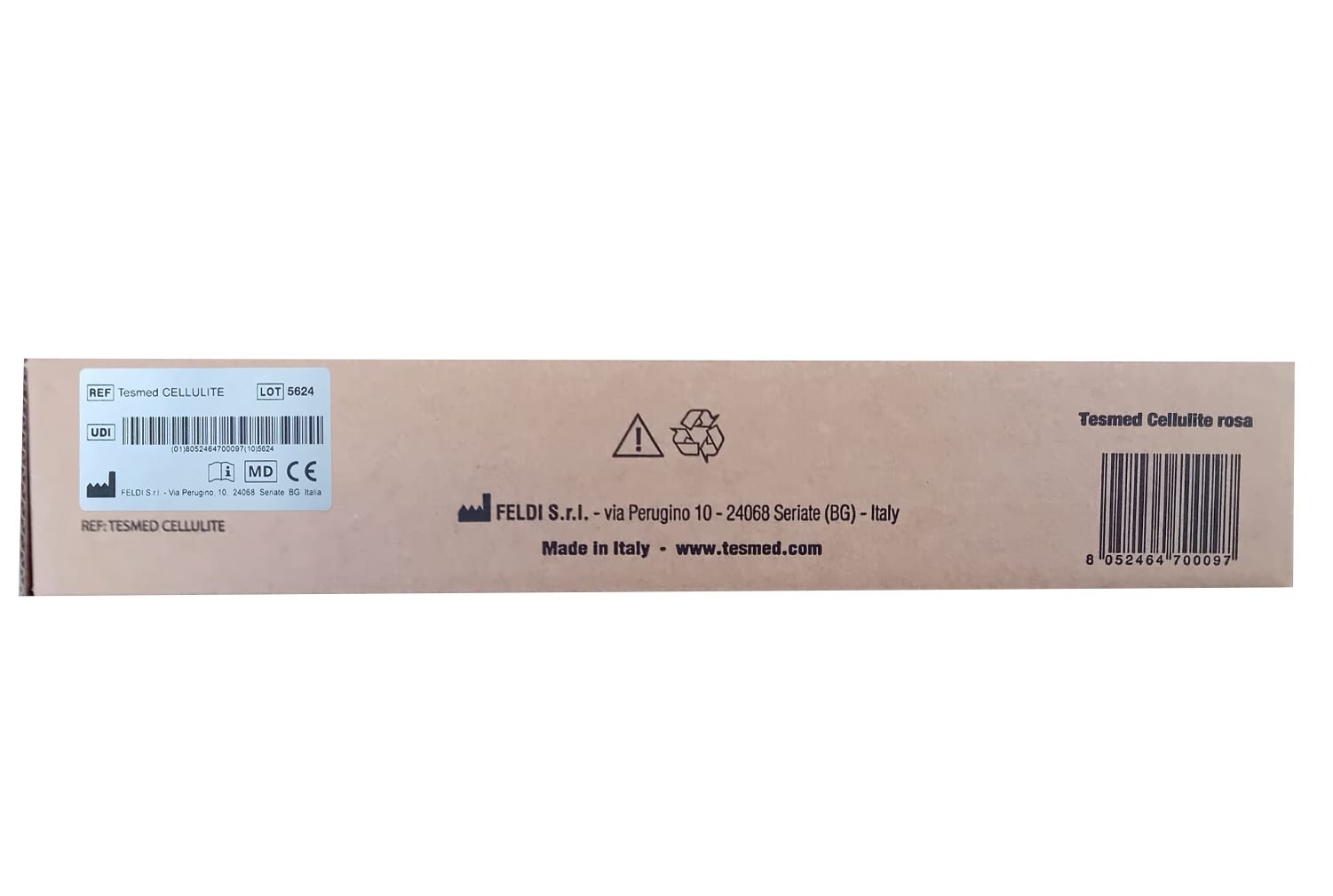 Confezione del prodotto marrone. Testo: Tesmed Cellulite rosa, Made in Italy, codice a barre, simboli di riciclaggio.