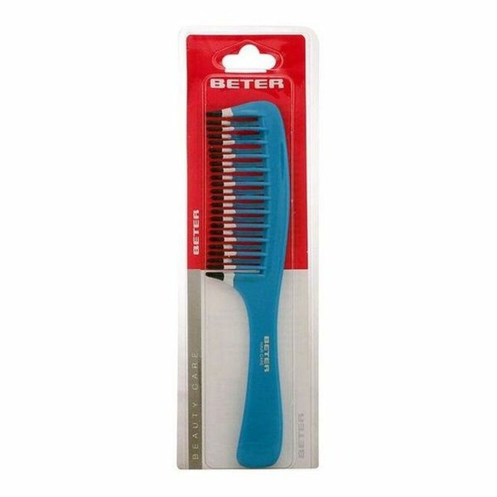 Pettine blu a denti larghi in confezione blister. Denti neri e bianchi. Marchio BETER. Scritta: Beauty Care.