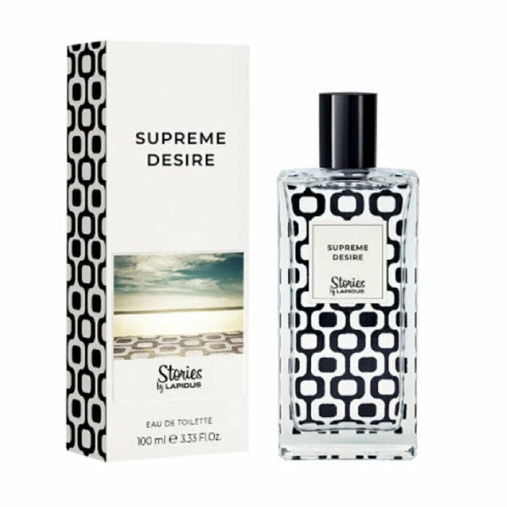 Flacone e confezione di eau de toilette. Scritta "Supreme Desire" e "Stories by Lapidus". Tappo nero, sfondo bianco con motivo.