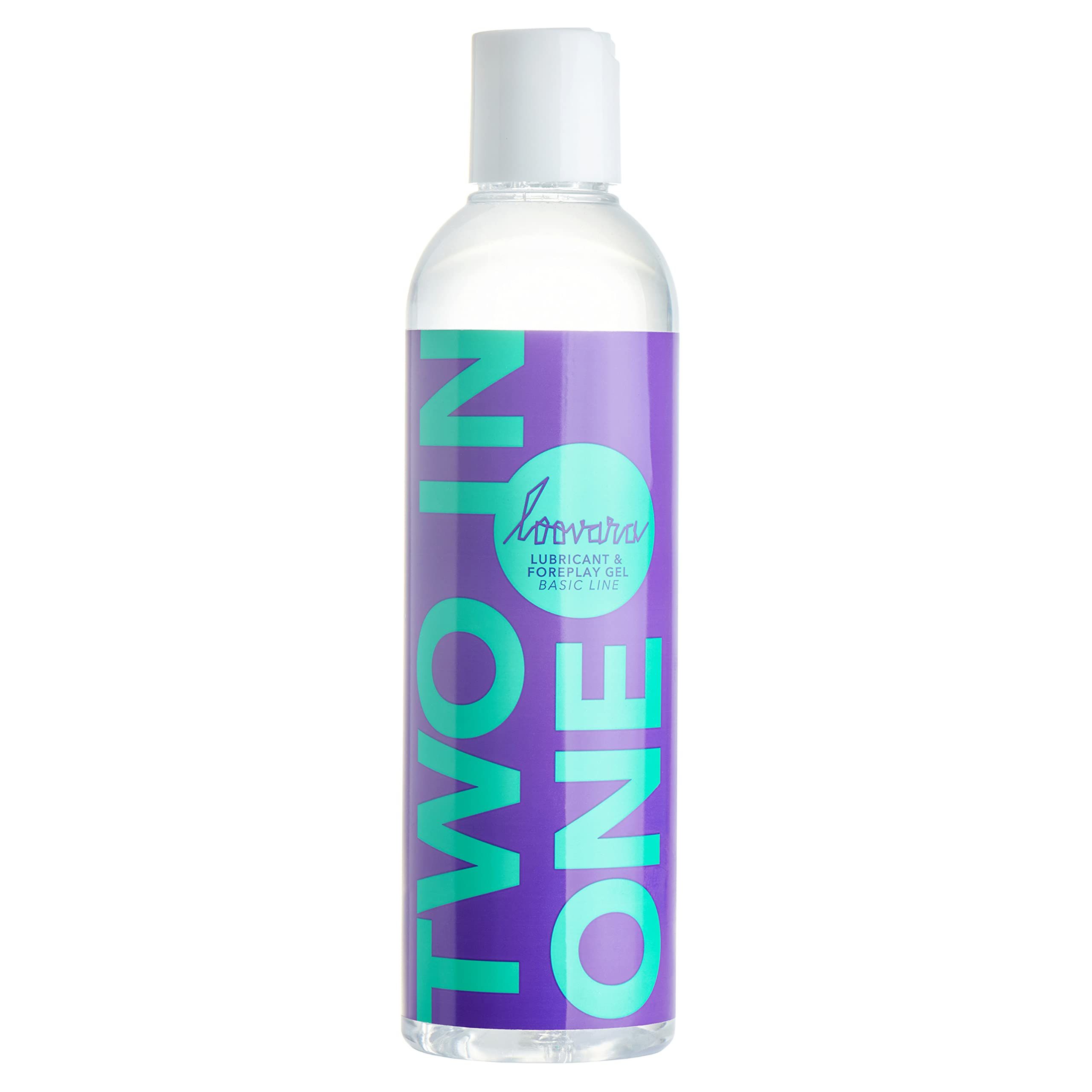 Flacone di lubrificante e olio da massaggio Loovara 2-in-1. Etichetta viola con scritta turchese.