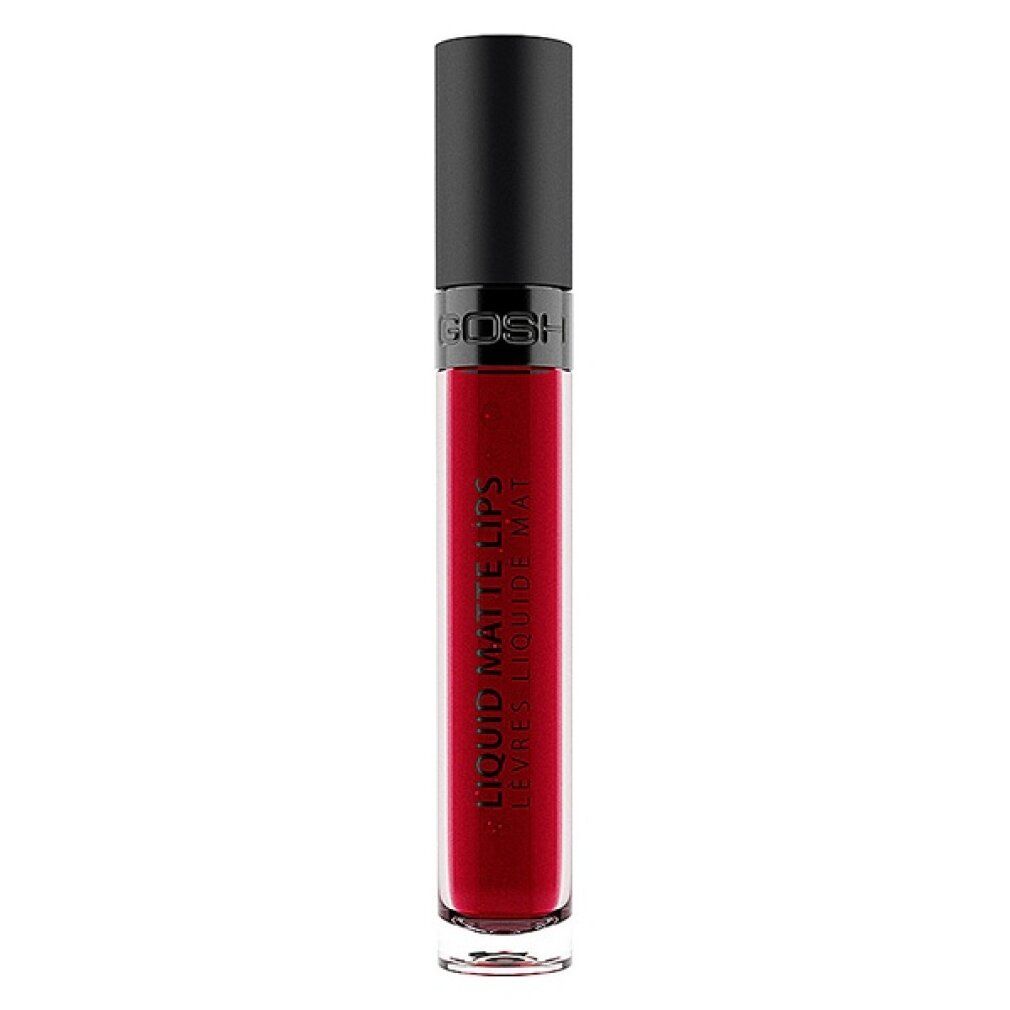 Gosh Liquid Matte Lips. Flacone con contenuto rosso. Tappo nero. Nome del prodotto e marchio visibili.