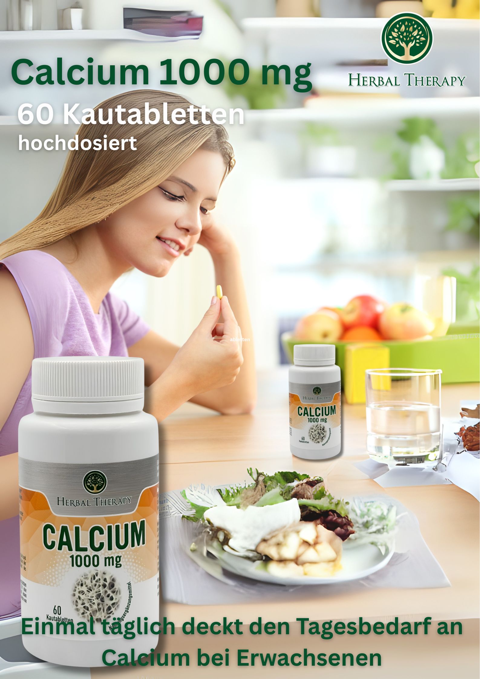Flacone di prodotto Calcium 1000 mg e una donna che prende una compressa. Testo: Copre il fabbisogno giornaliero di calcio negli adulti.