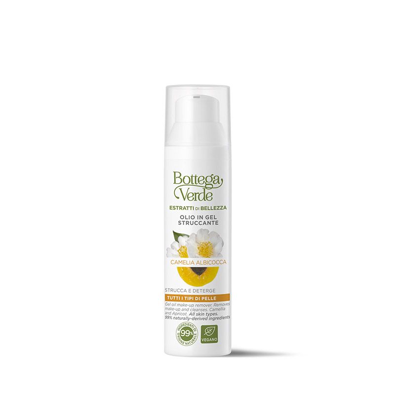 Flacone bianco con dosatore. Scritta: Bottega Verde, Estratti di bellezza, Olio in gel struccante, Camelia Albicocca. Vegano.