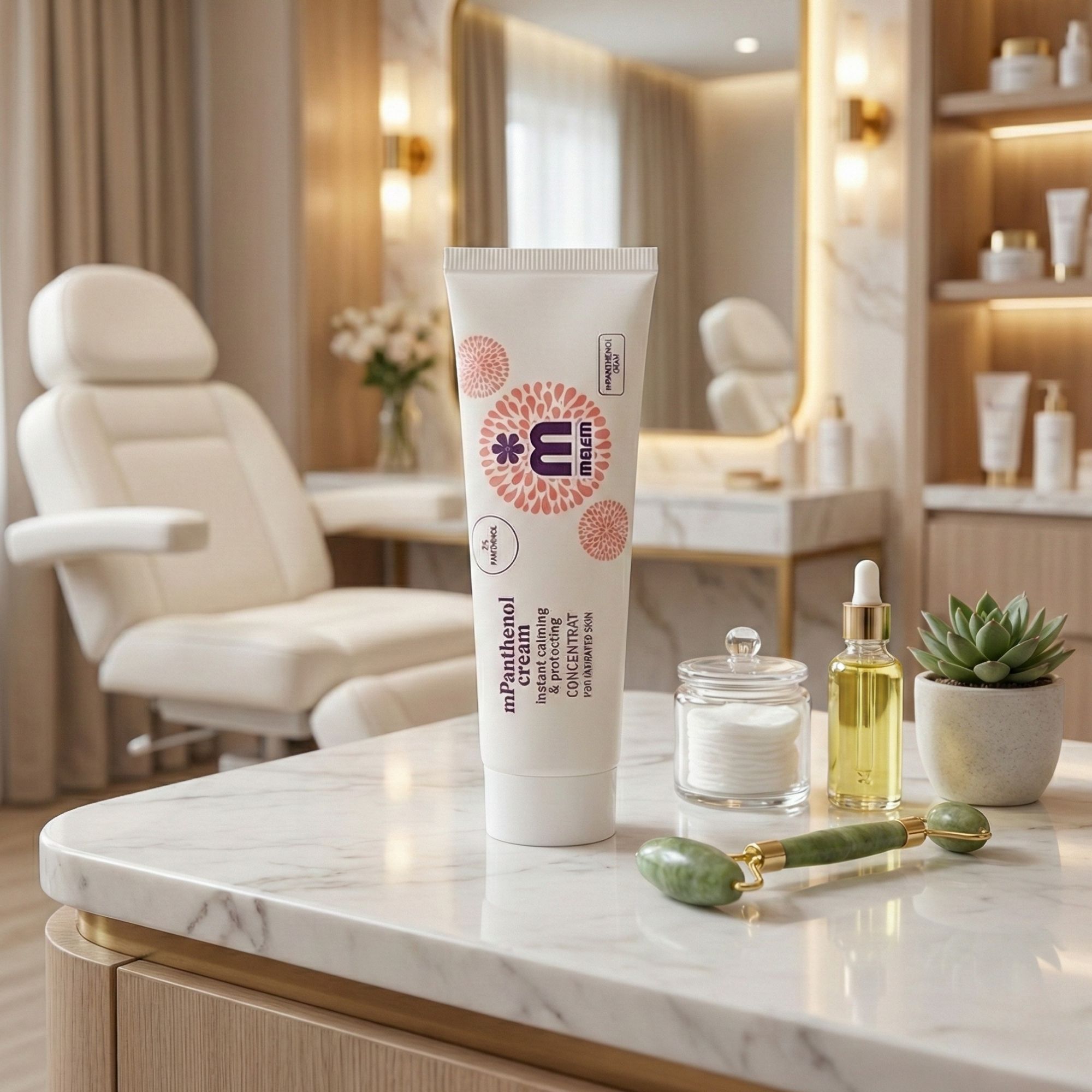 Tubo di crema con nome e logo del prodotto. Su tavolo in marmo con accessori: olio, cotone, rullo di giada.