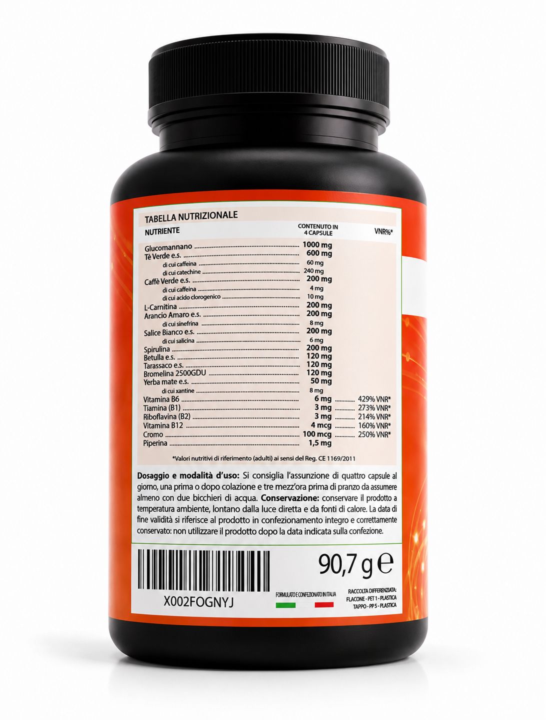 Retro del barattolo Nutrea Pro Bruciagrassi con informazioni nutrizionali e dosaggio.