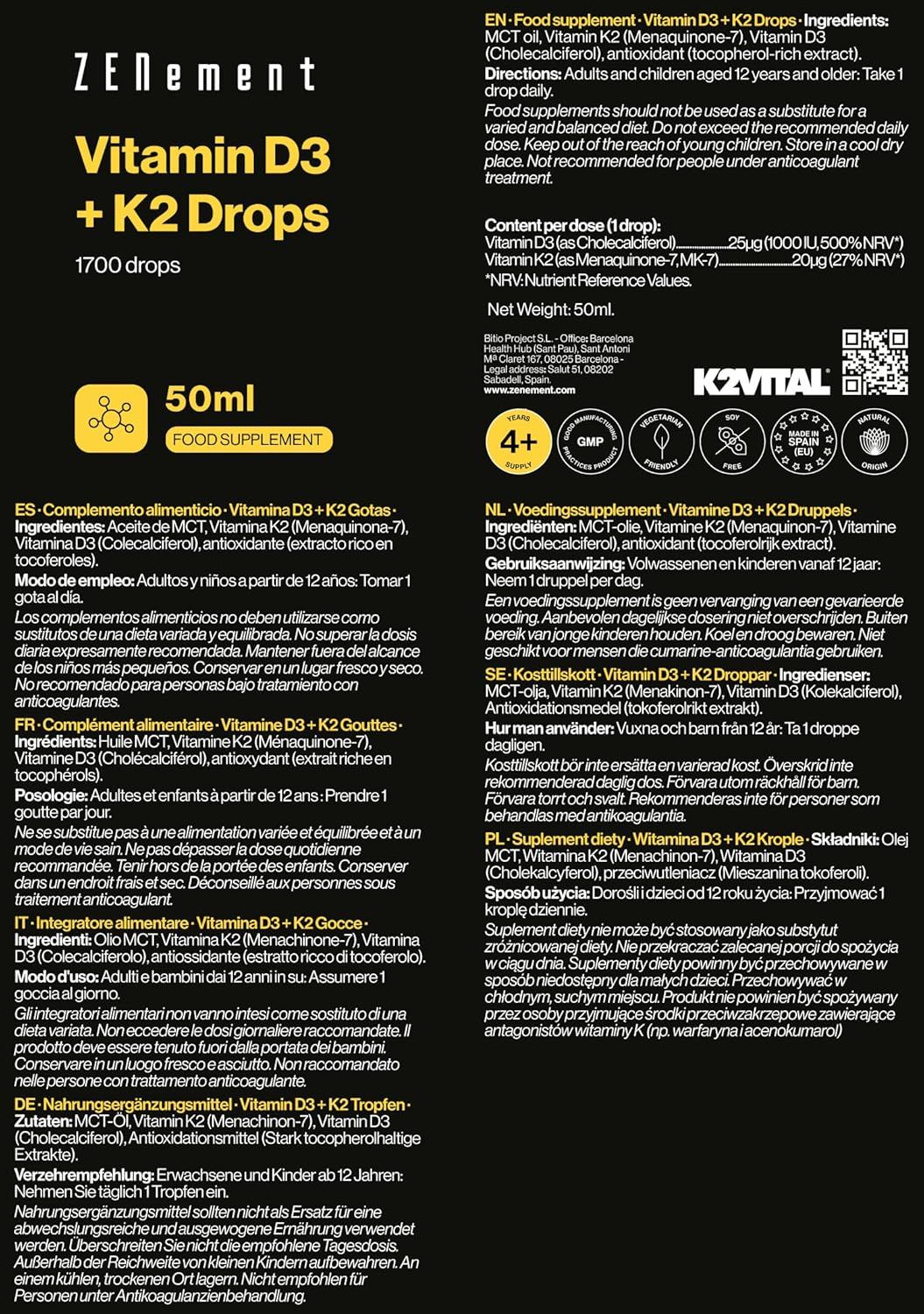 Etichetta del prodotto con testo in più lingue. Prodotto: Zenement Vitamina D3 + K2 Gocce. Contiene informazioni su ingredienti, dosaggio e avvertenze. Flacone da 50 ml.