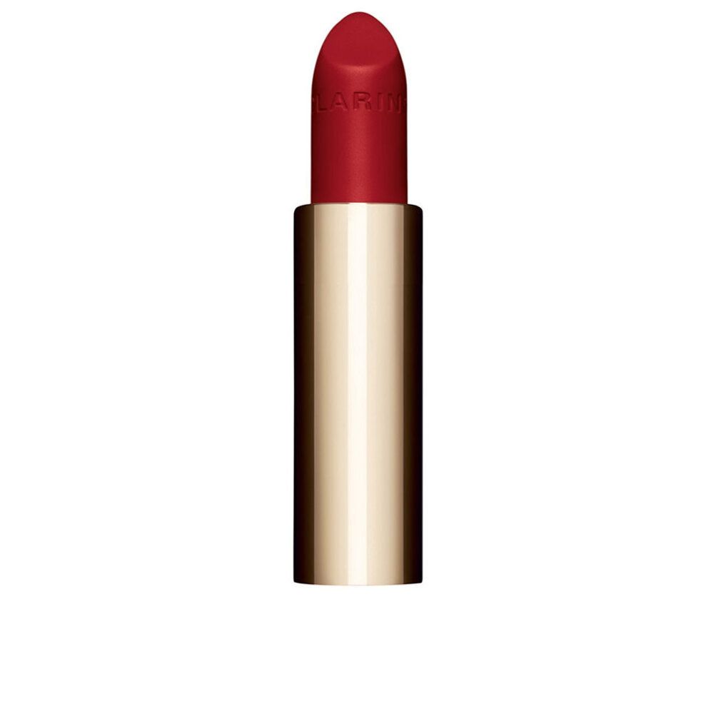Rossetto rosso in astuccio dorato. Visibile il marchio Clarins. Il rossetto è aperto.