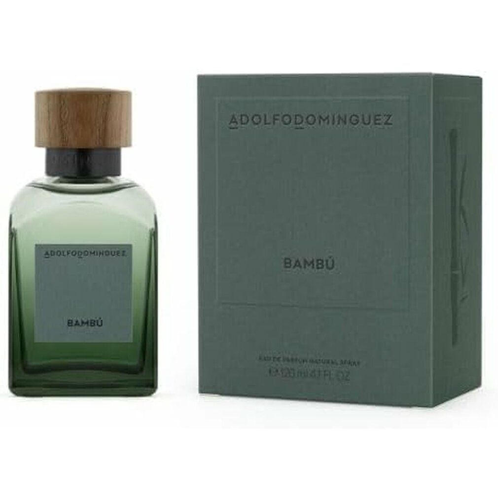 Flacone rettangolare verde e scatola. Sulla scatola, "Bambú". Flacone con tappo in legno. Marchio ADOLFO DOMINGUEZ.