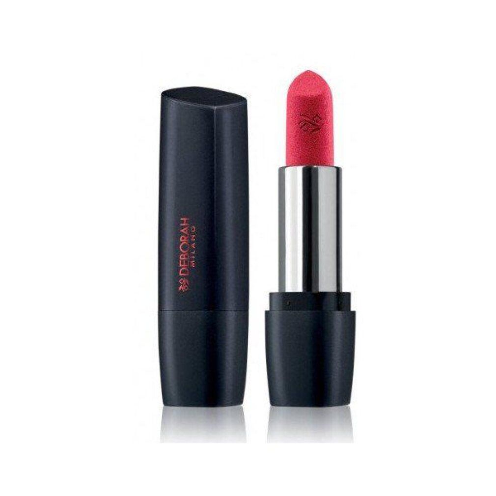 Rossetto nero con corpo argentato e stick rosso. Logo Deborah Milano sul corpo.