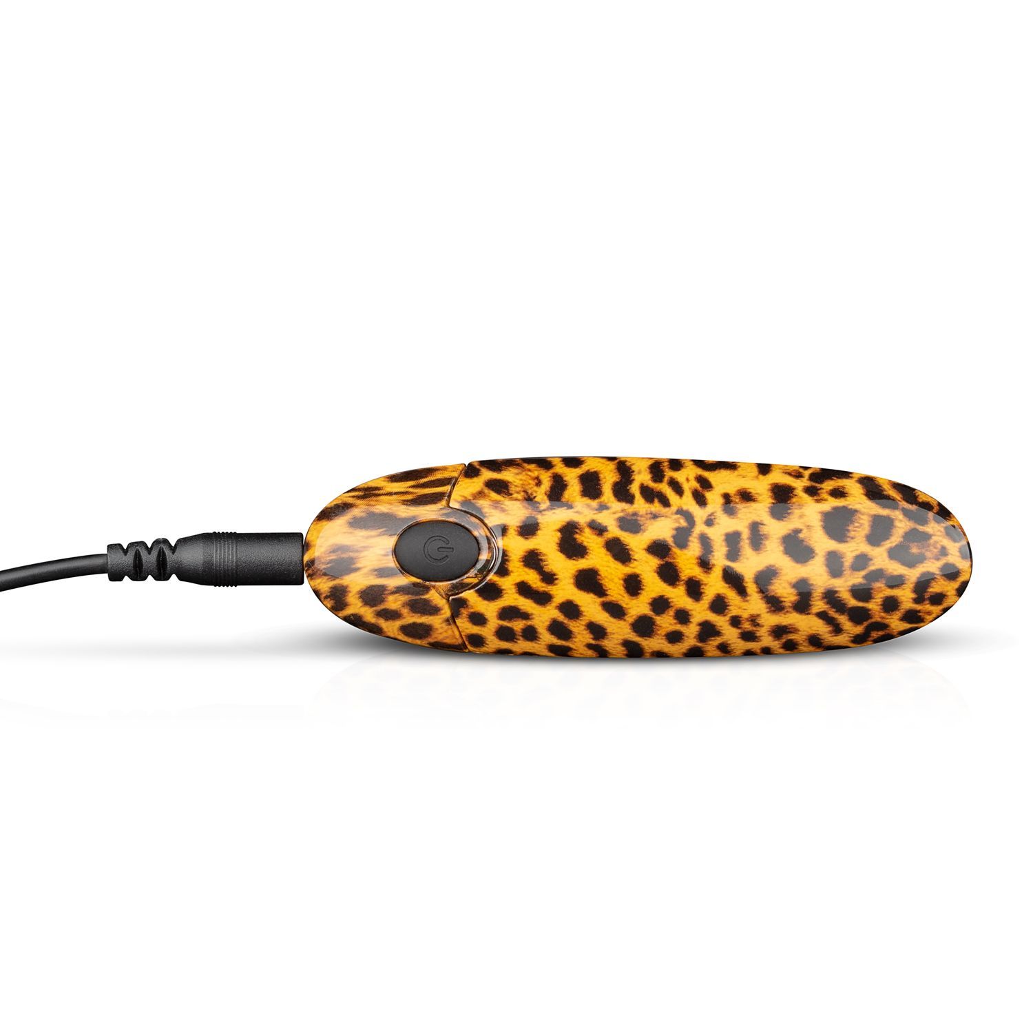 Vibratore con fantasia leopardata. Forma ovale. Pulsante nero. Con connessione cavo.