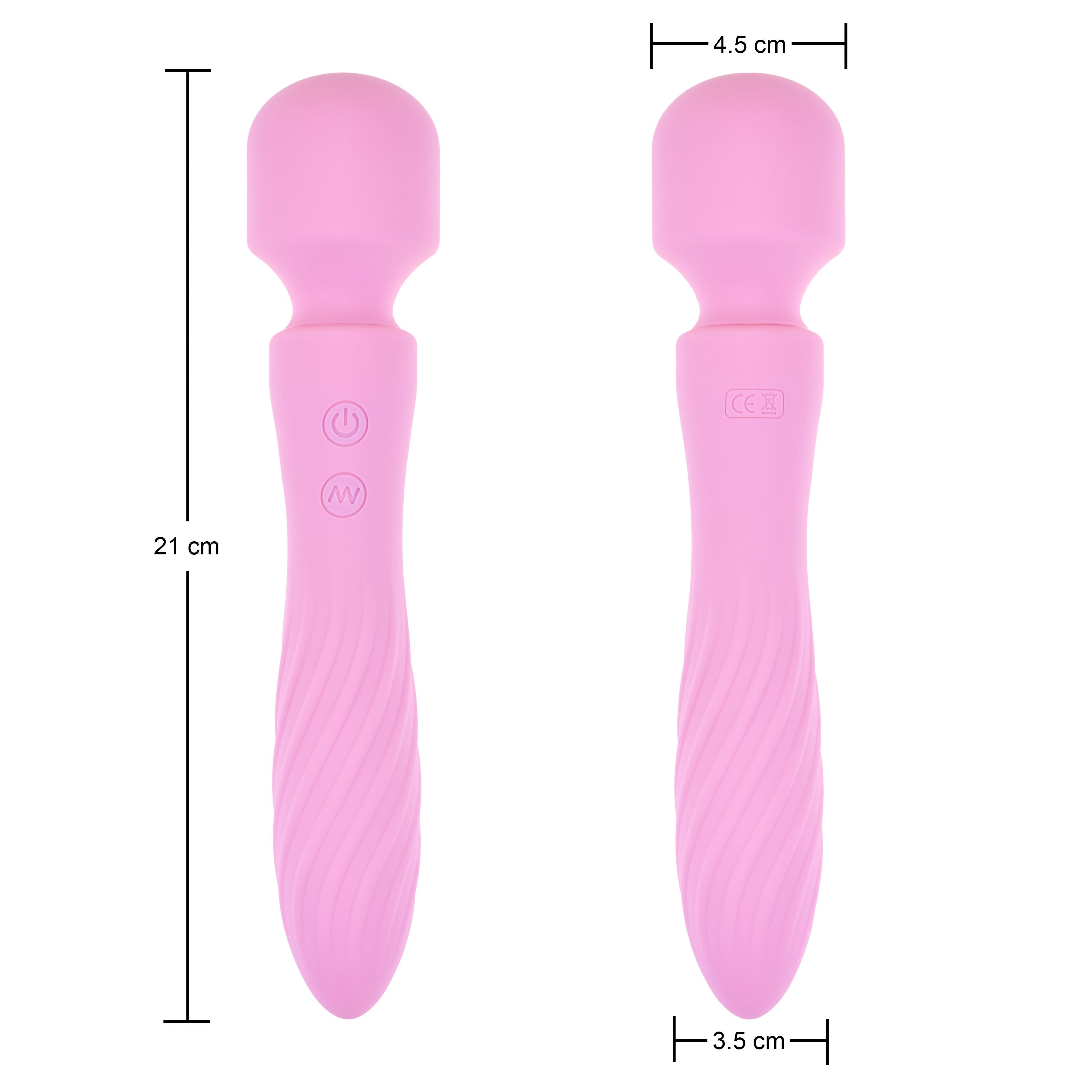 Vibratore rosa, testa arrotondata, manico ondulato. Dimensioni: 21 cm lungo, 4,5 cm testa, 3,5 cm manico.