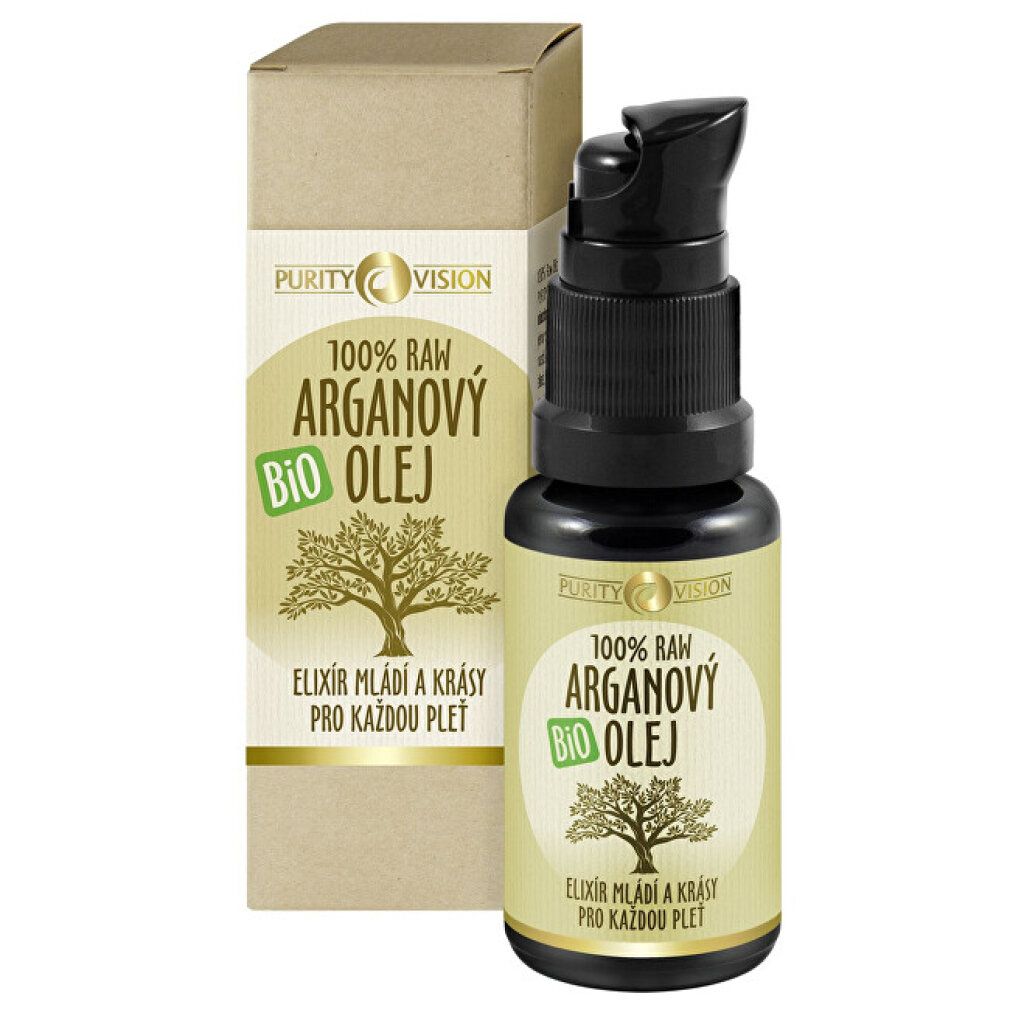 Flacone di olio di argan Purity Vision con erogatore e scatola. 100% Grezzo, Bio.