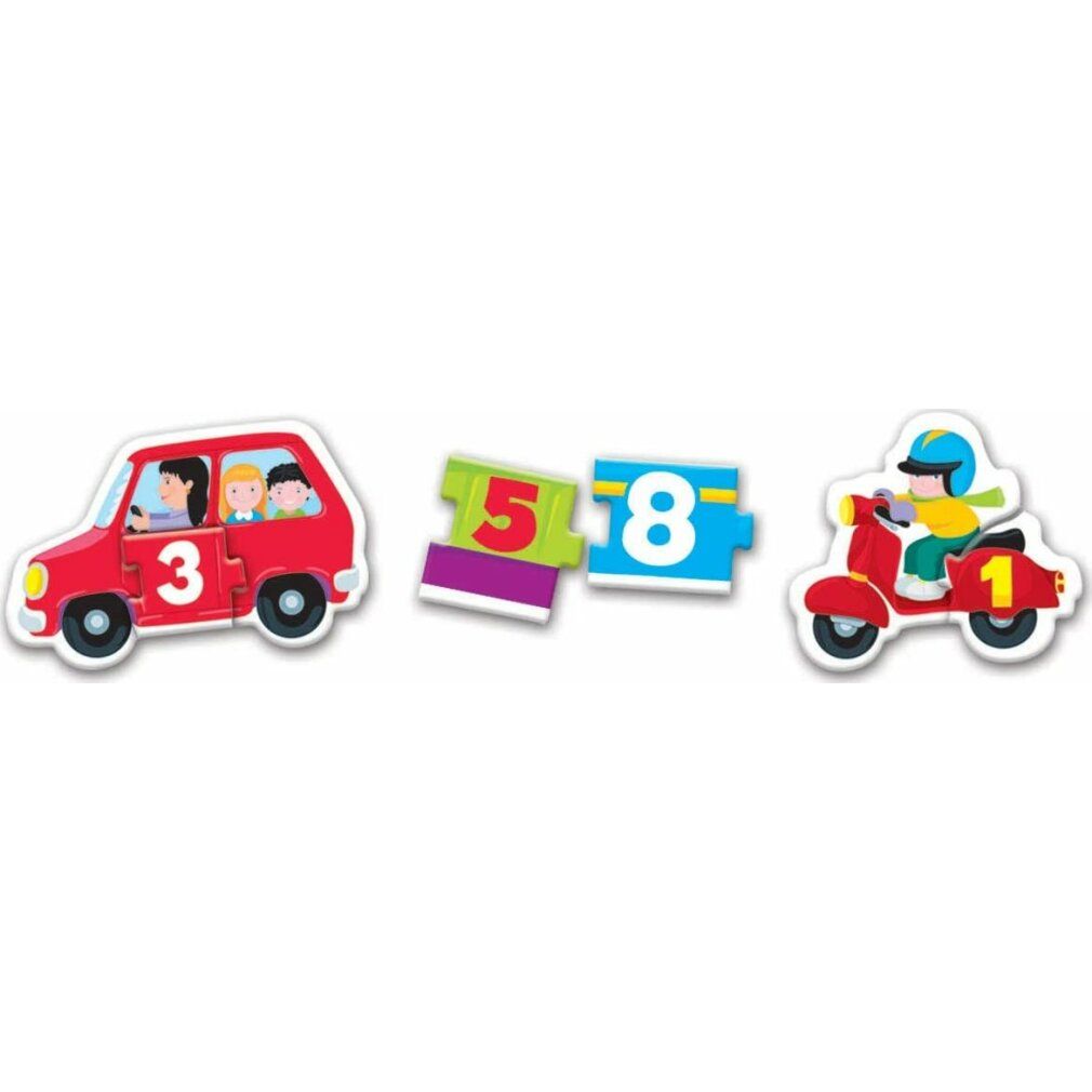 Puzzle con veicoli e numeri 1, 3, 5 e 8. Include una moto, un'auto e pezzi di puzzle.