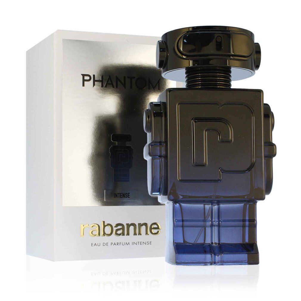 Flacone blu-nero a forma di robot e confezione bianca. Scritta "Phantom Intense" e "rabanne".