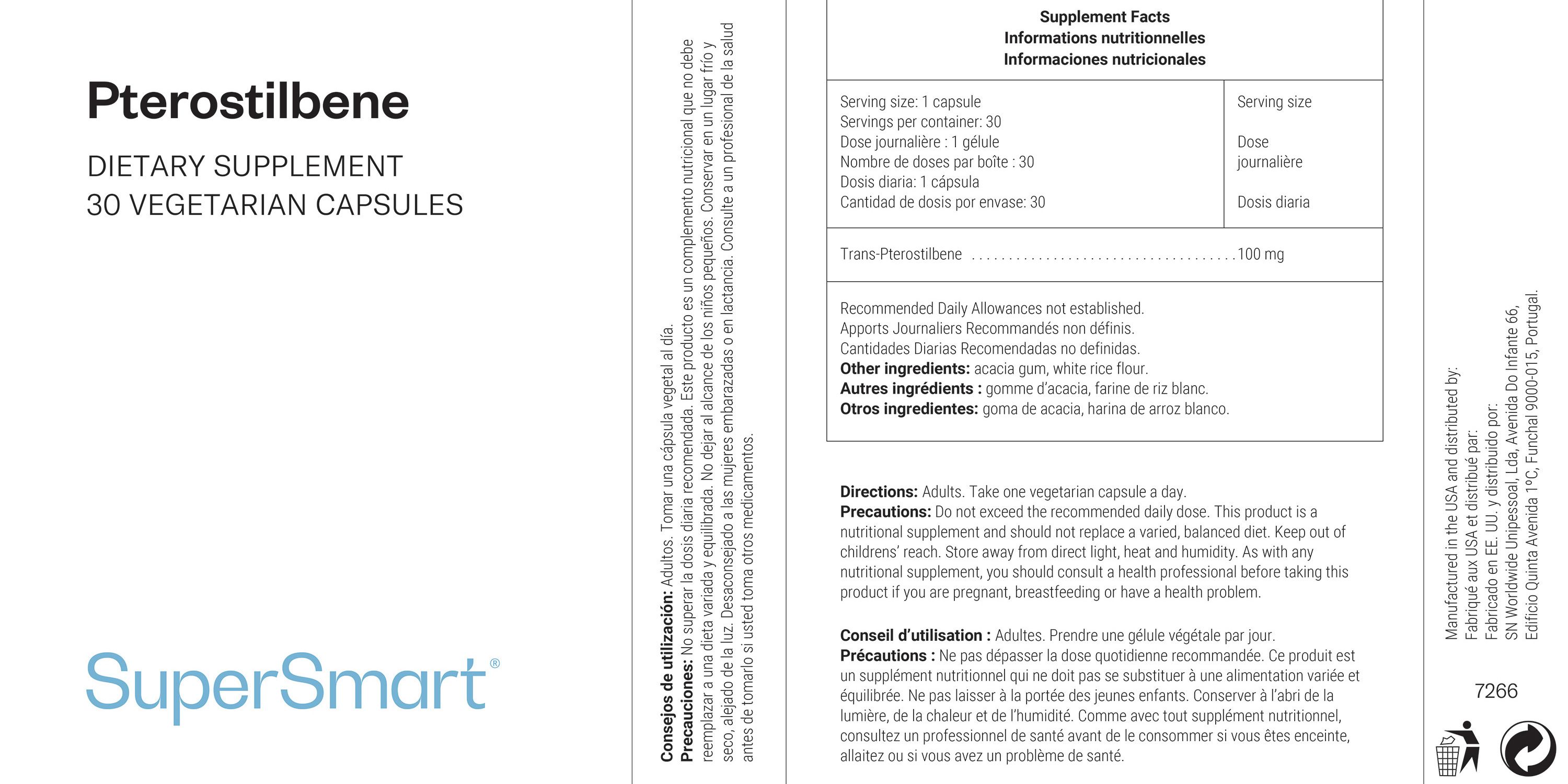 Integratore alimentare Pterostilbene. 30 capsule vegetariane. Logo SuperSmart. Informazioni nutrizionali e istruzioni.