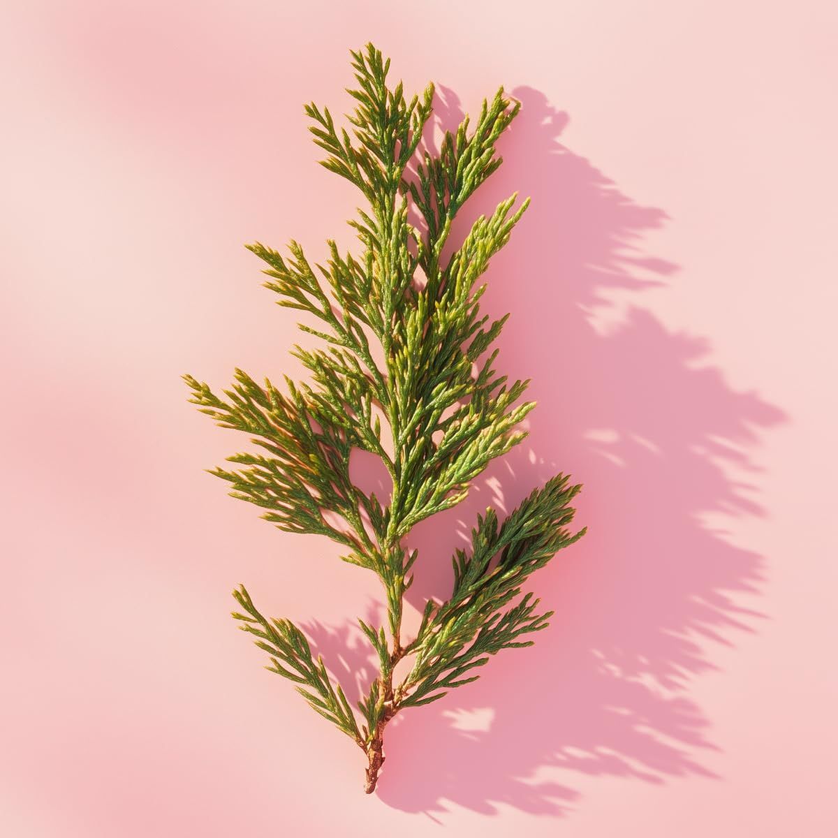 Ramo verde con aghi su sfondo rosa con ombra.