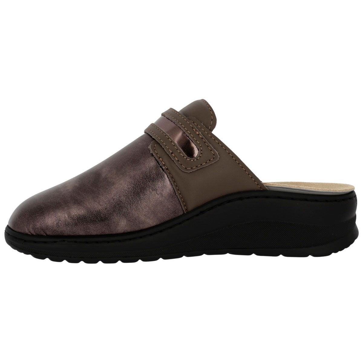 Zoccolo Hergos H3503. Tomaia marrone metallizzato, cinturino regolabile, suola nera. Vista laterale.